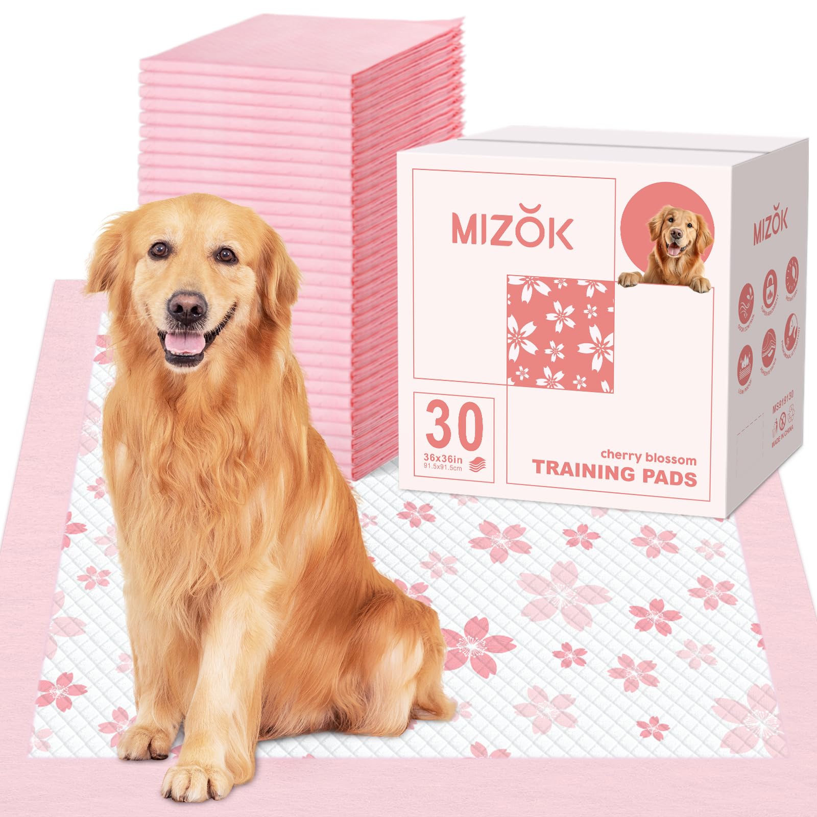 MIZOK 36x36 Puppy Pads Pink, Dog Pee Pads Leak-Proof with Quick-Dry Surface, Dog Pads Extra Large with Cherry Blossom Prints, Pe