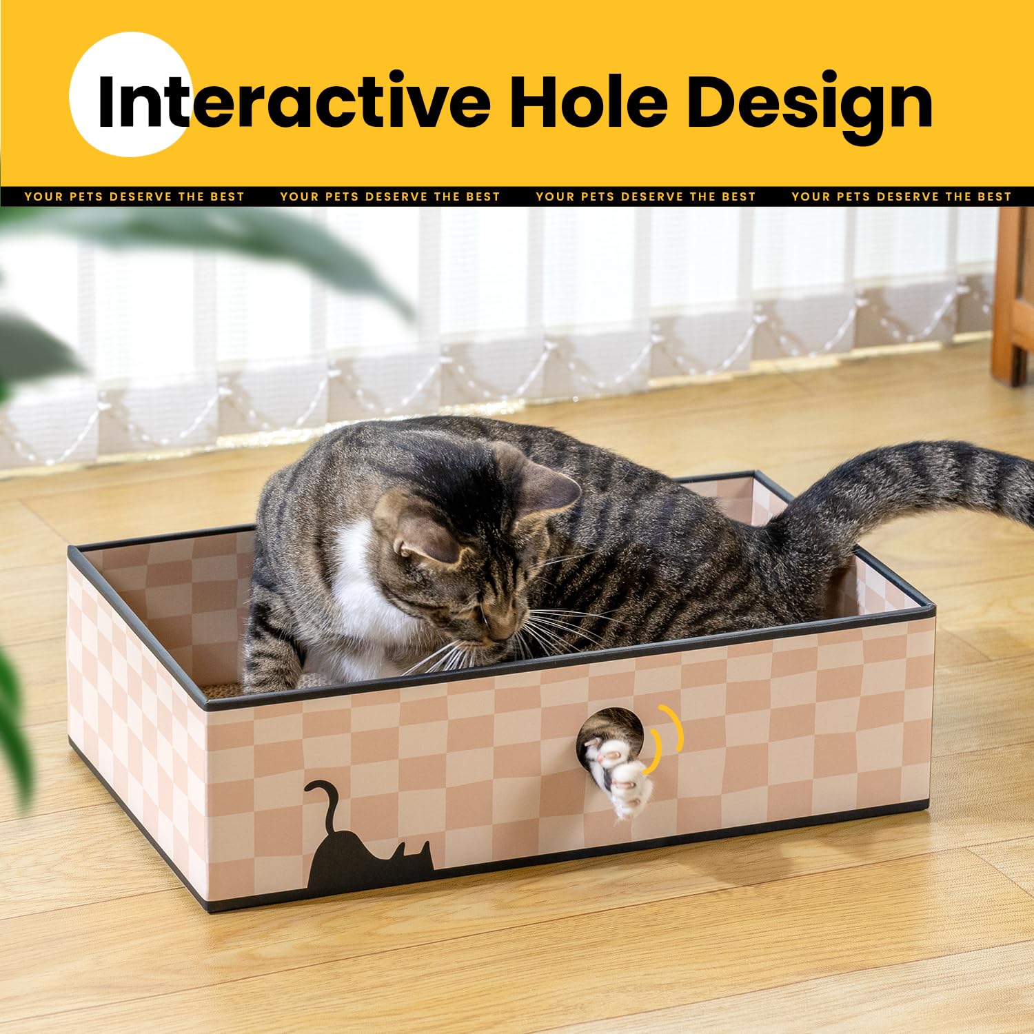 Conlun Cat Scratcher Box With 3-Layer Corrugated Board, Heavy-Duty Double-Sided Cardboard Cat Bed, Interactive Hole Design, Chec