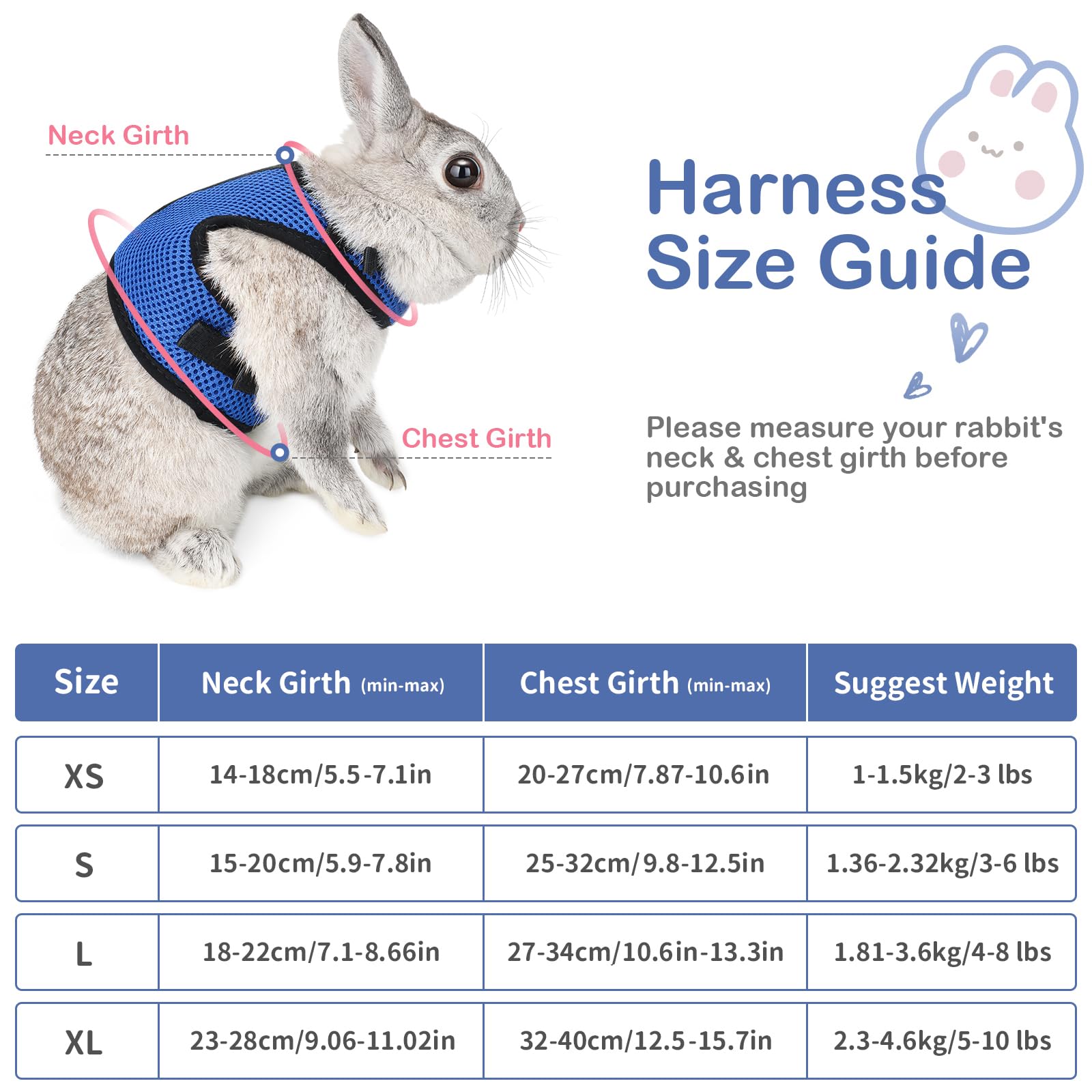 Pettom Bunny Rabbit Harness With Stretchy Leash Cute Adjustable Buckle Breathable Mesh Vest For Kitten Small Pets Walking (L(Chest:10.6-13.3 In), Blue)