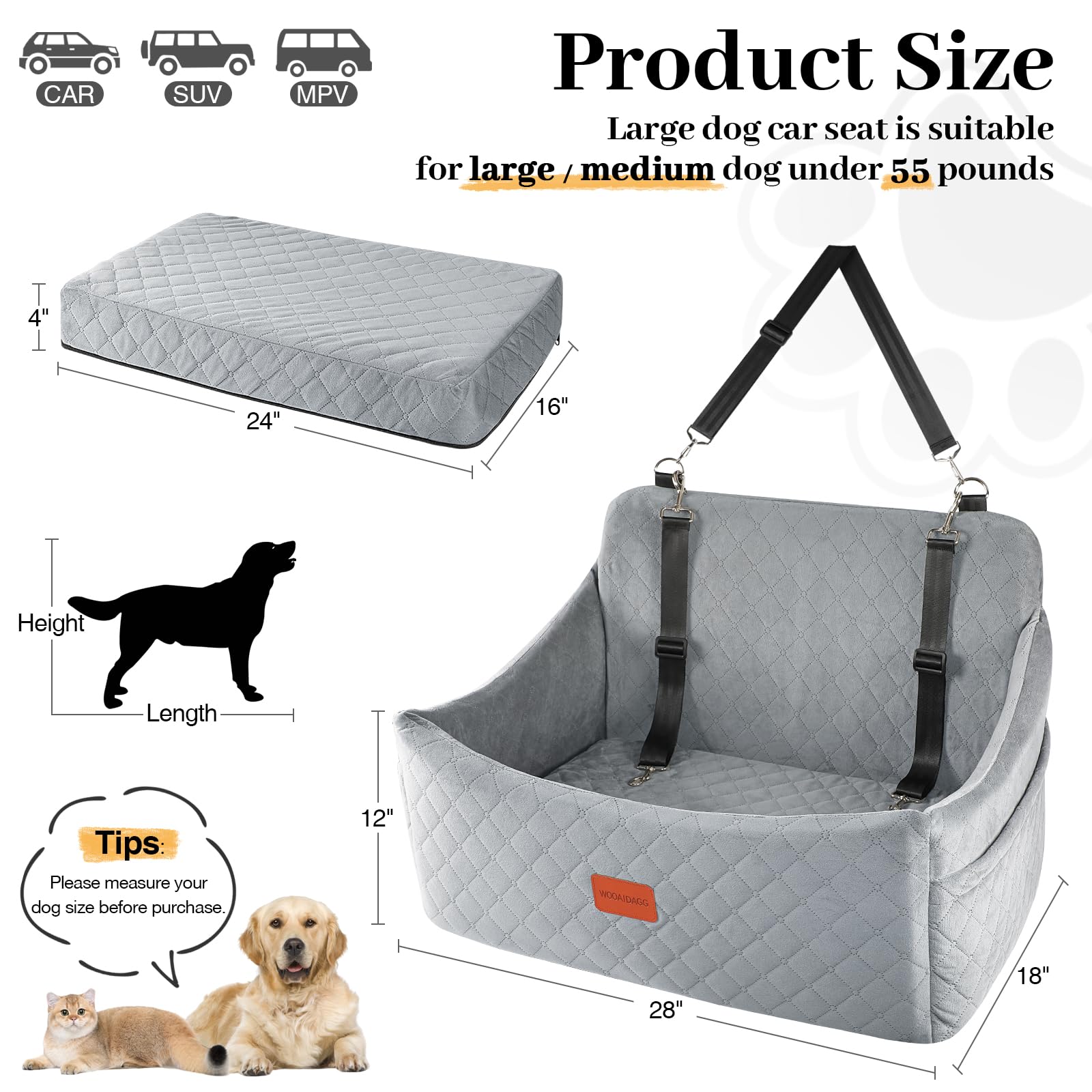 Wooaidagg Dog Car Seat for Medium & Large Dogs Up to 55lbs, Memory Foam Cushion, Washable Cover, Safety Straps & Non-Slip Base(G