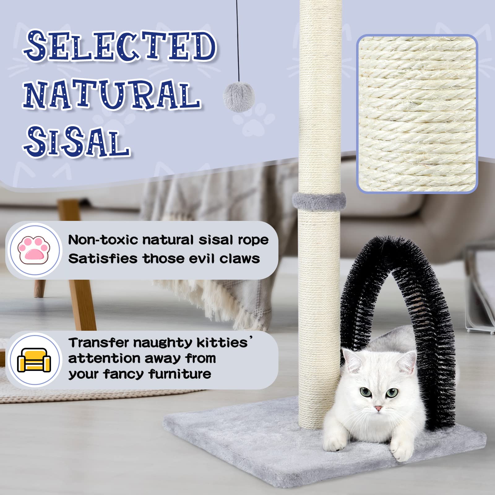 Anwa Tall Cat Scratching Post With Arch Self Groomer Massager, 32' Scratching Post For Indoor Cats From Kitten To Adult Cats, Stable Sisal Cat Post With Extra Interactive Dangling Plush Toy
