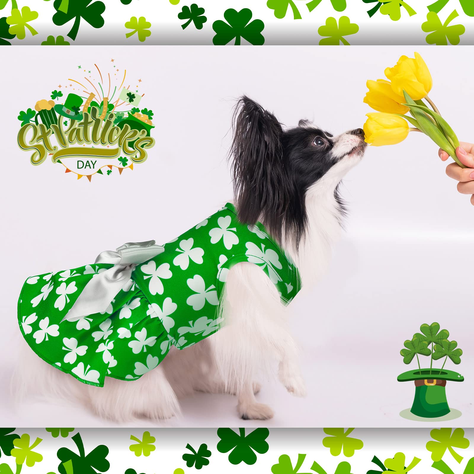 4 Pieces Dog Dresses Holiday Pet Skirts Doggie Bowknot Dresses Outfit Green Clover Puppy Festival Cute Funny Tutu Skirt Apparel Clothes For Dogs Cats Pets