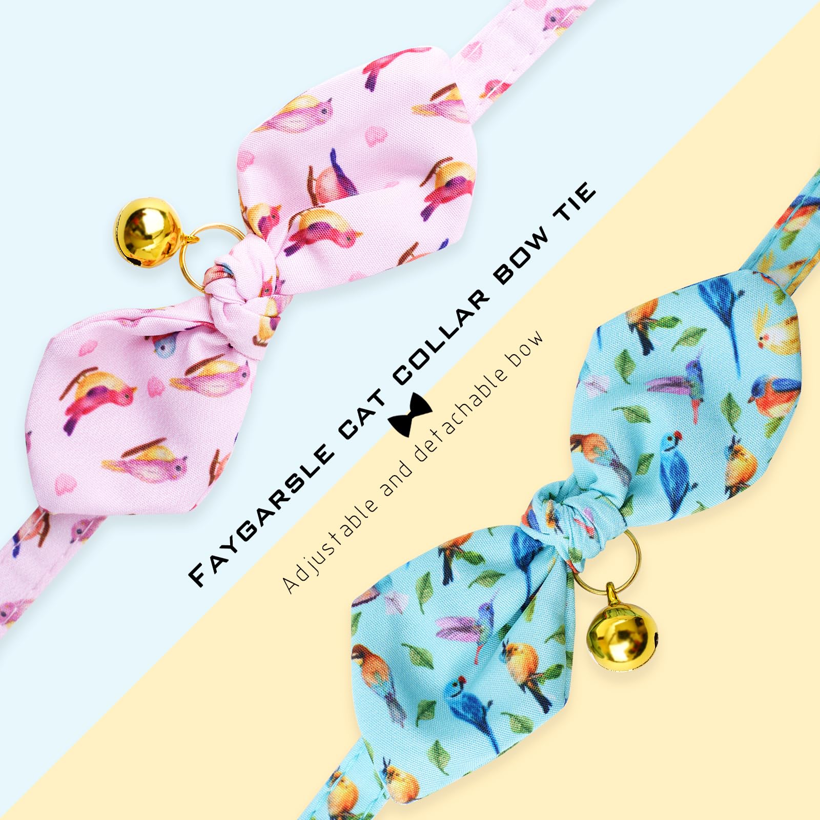 Faygarsle 2 Pack Breakaway Cute Cat Collars With Bell, Cat Collar With Bow For Girl Boy Cats Pink Blue Bird Patterns