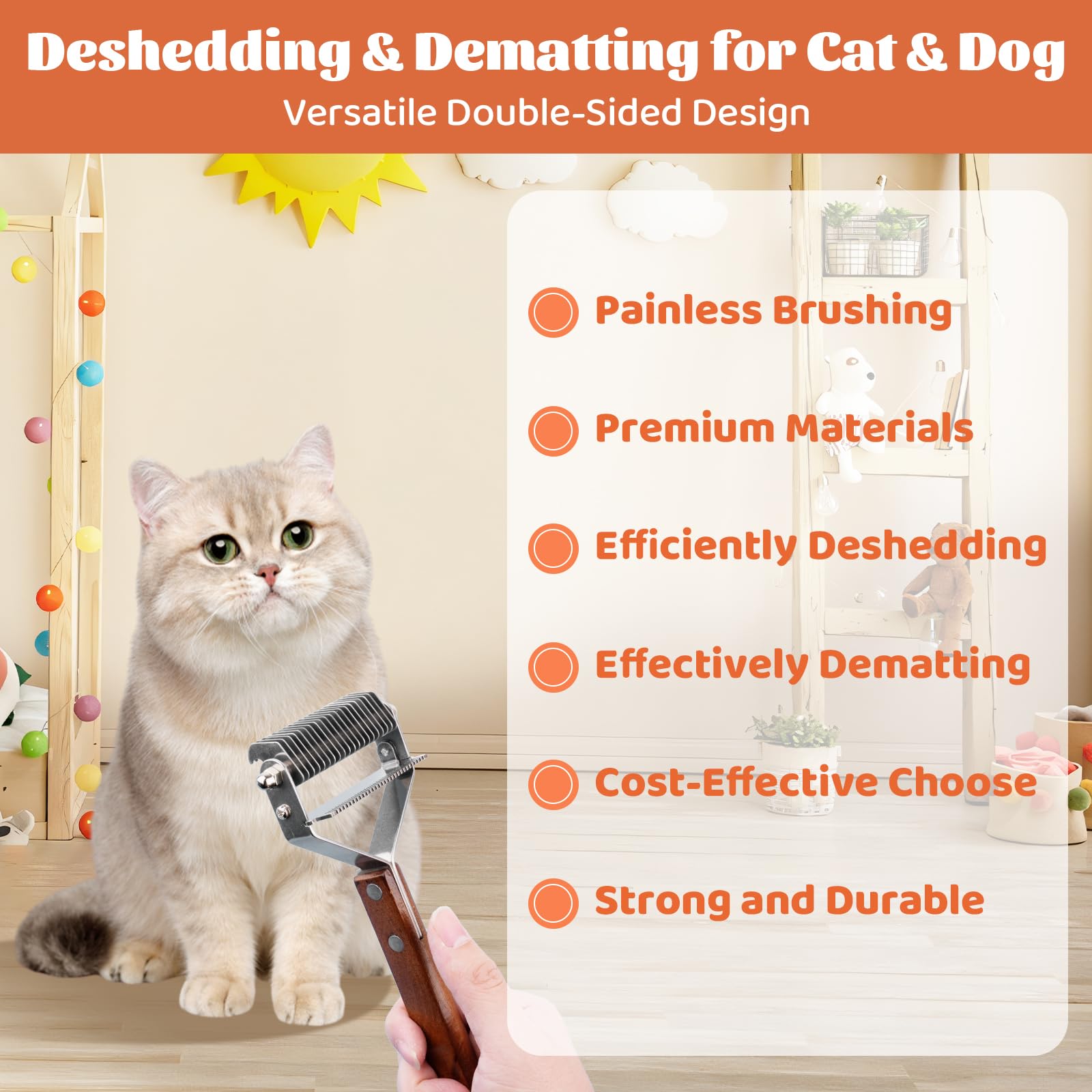 Cat Brush For Dematting & Deshedding, Professional Pet Grooming Brush, Pet Grooming Brushes With Wood Handle, Shedding Comb For