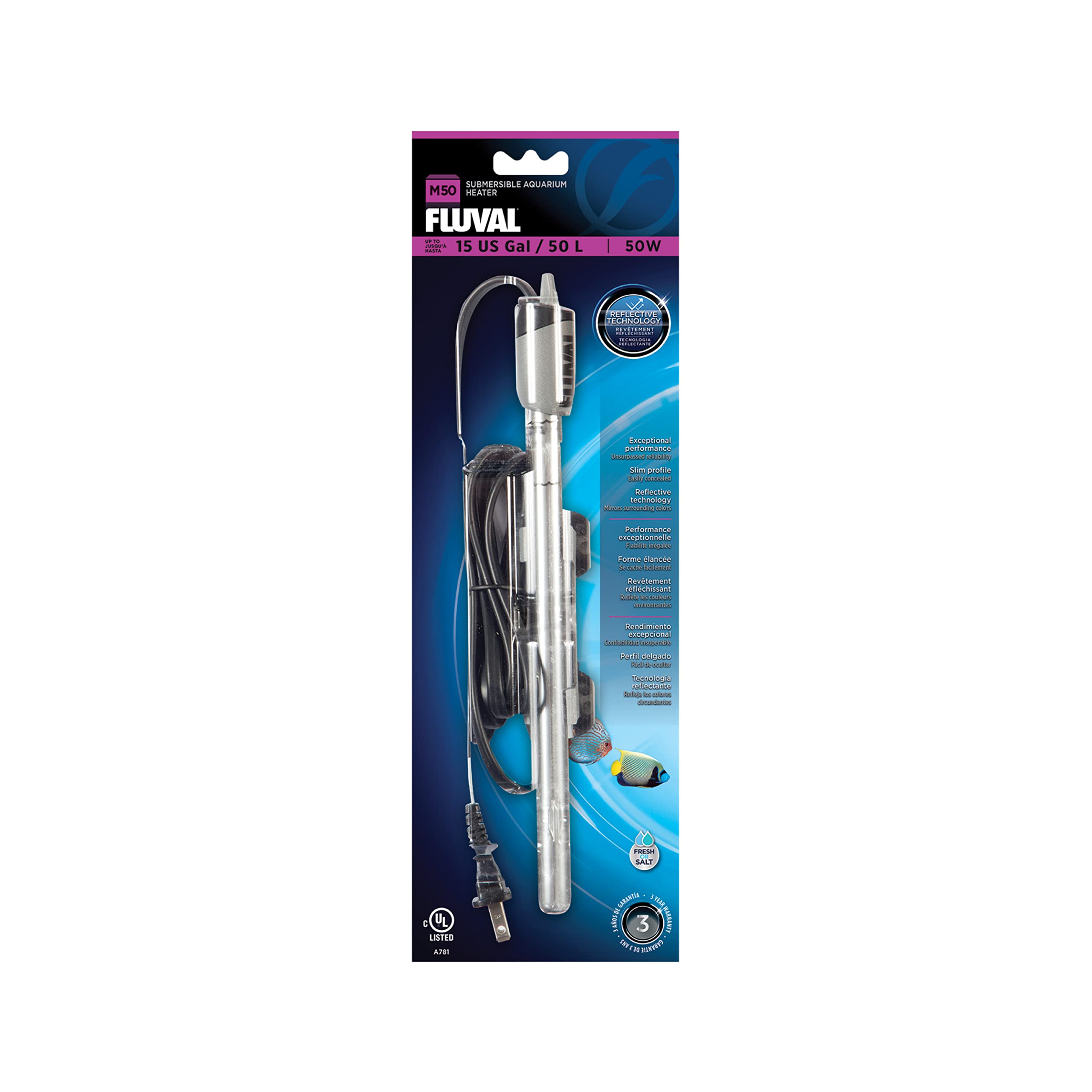 Fluval M50 Ultra-Slim Submersible Aquarium Heater - 50W Underwater Heater For Aquariums Up To 15 Gal.