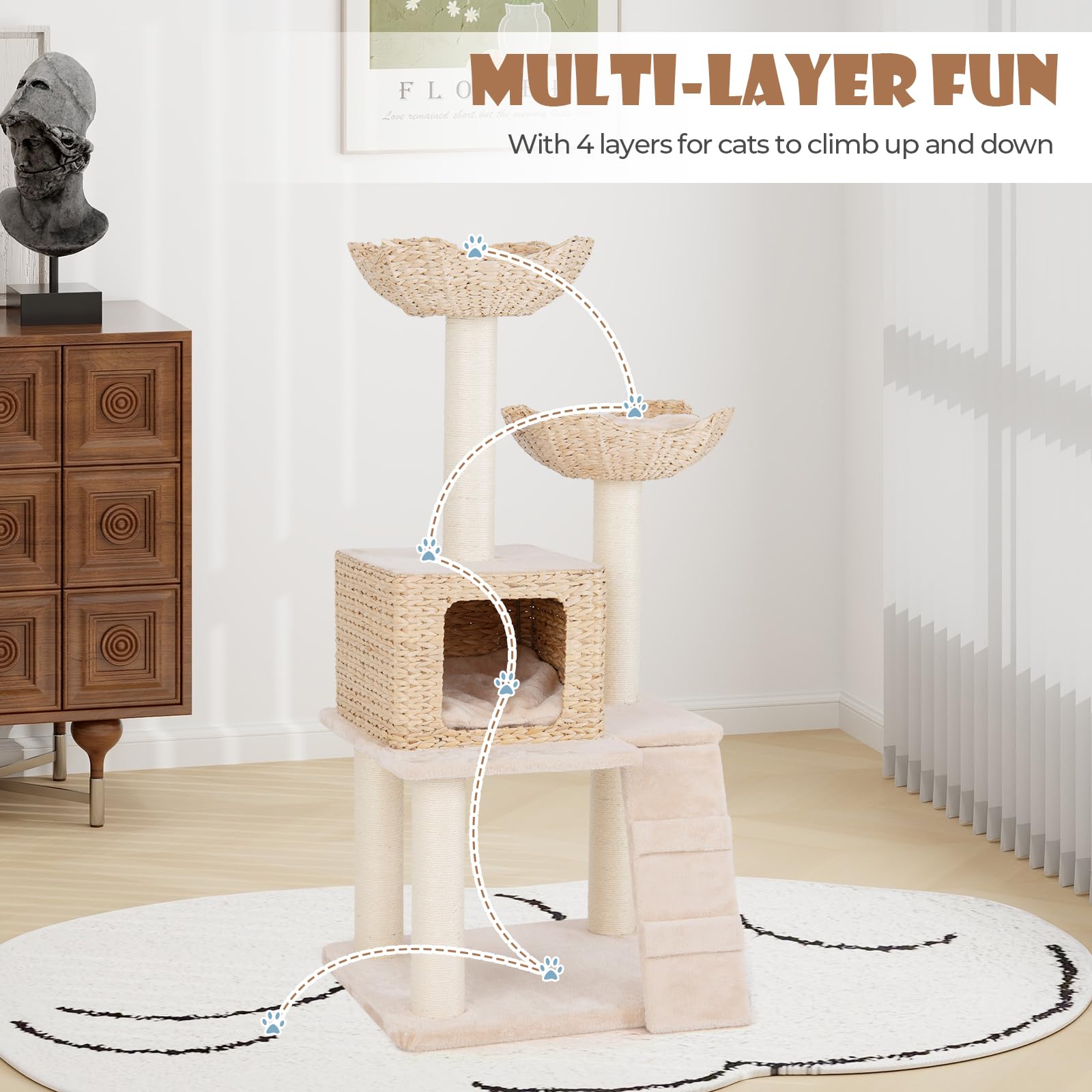 Tangkula Modern Cat Tree, 48 Inch Multi-Level Cat Tower With Sisal Scratching Posts, Cattail Fluff Condo & 2 Perches And Climbin