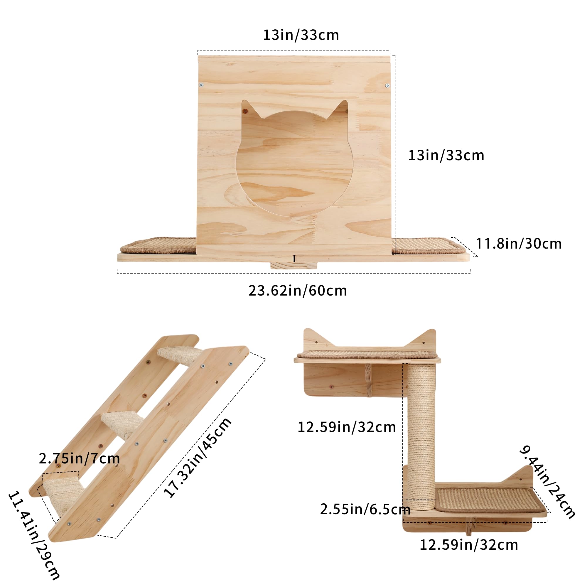MIUZMORE Cat Wall Shelves Set - Wall Mounted Cat Furniture with House, Sisal Mat, Scratching Posts & Perches - Indoor Climbing S