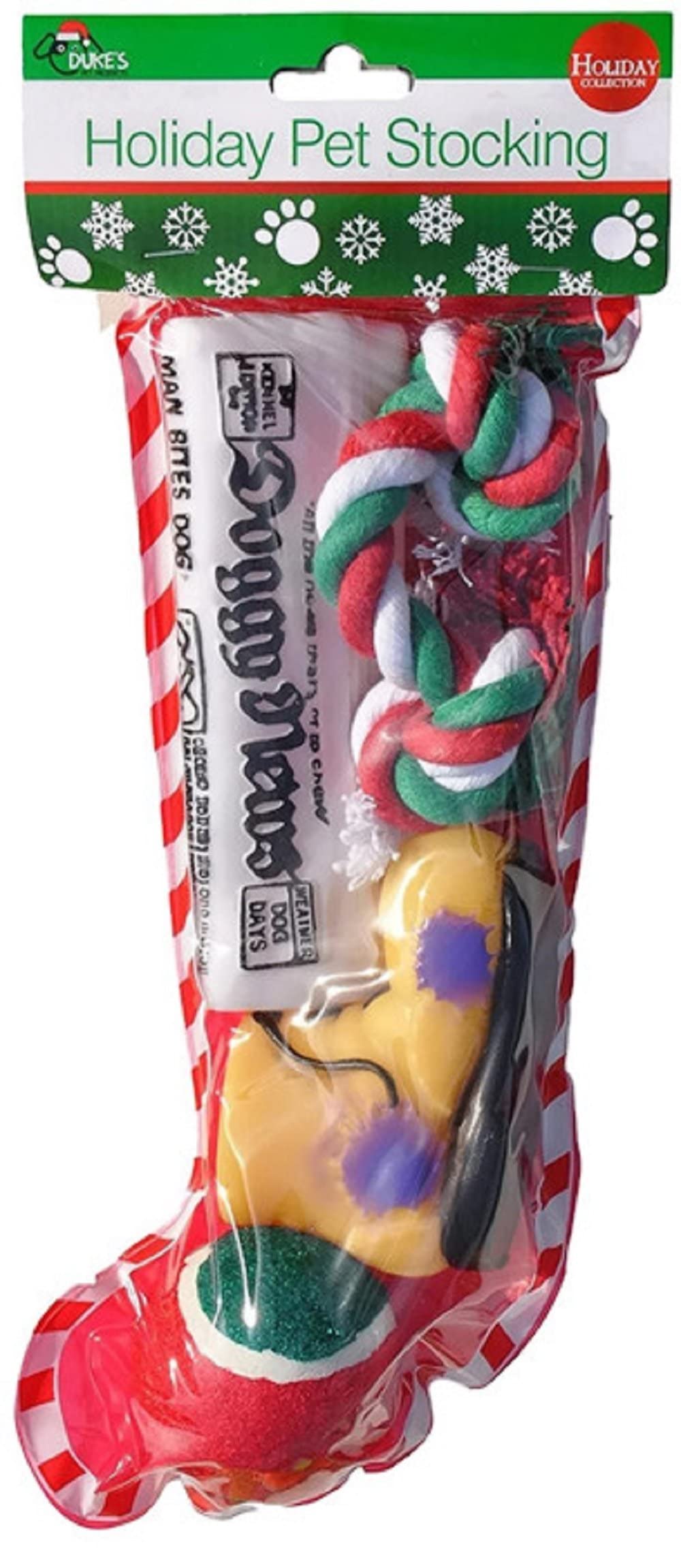 Christmas Stocking For Dogs. Squeaky Newspaper / Boot Toy, A Red, Green And White Tennis Ball And A Red, White And Green Cotton Knotted Rope.