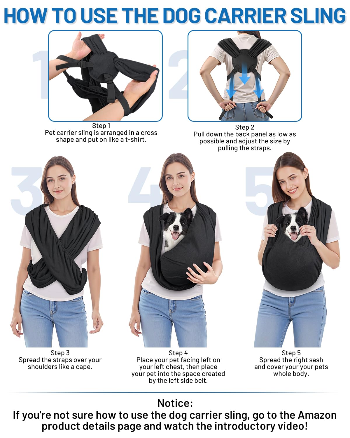 Dog Sling Carrier for Small Dogs, Front Pet Sling Carrier Chest, Adjustable Reducing Back Stress Cat Sling for Small Pet up to 2