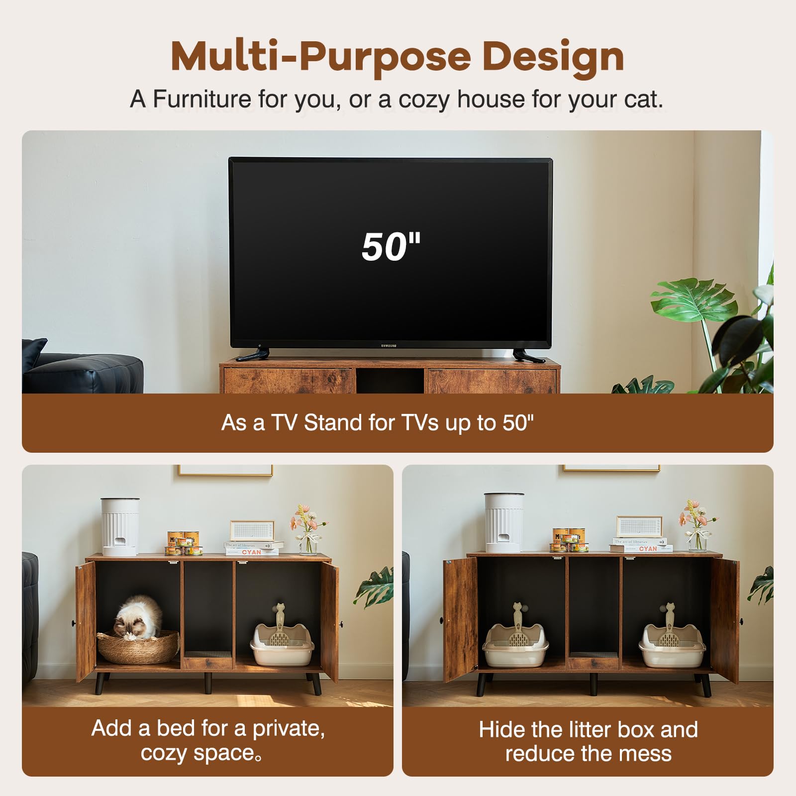 JanflyHome Litter Box Furniture for 2 Cats - Farmhouse Hidden Cat Litter Box Enclosure Cabinet Furniture Double Room, 42.3 TV St