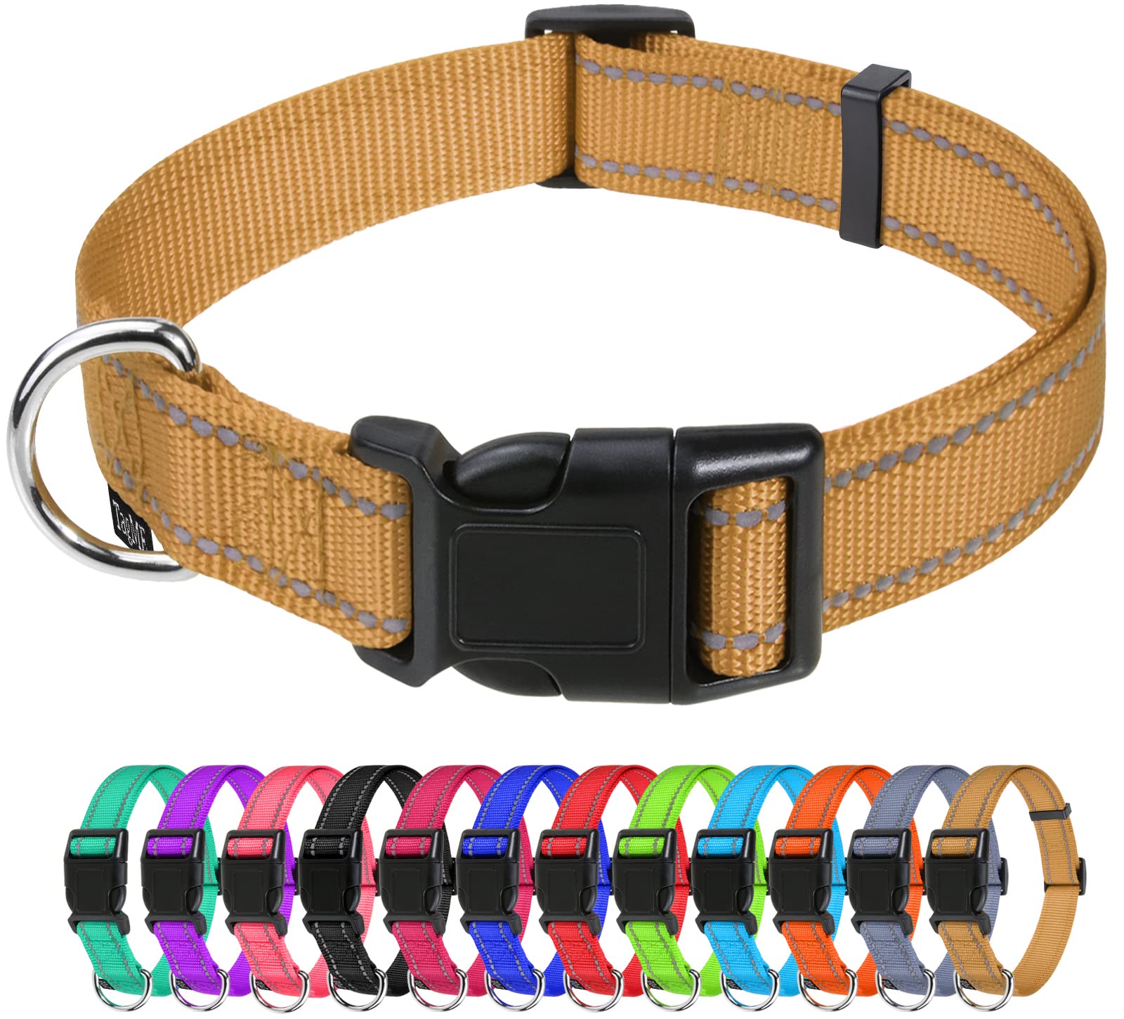Tagme Reflective Nylon Dog Collars, Adjustable Classic Dog Collar With Quick Release Buckle For Extra Large Dogs, Khaki, 1¼' Width