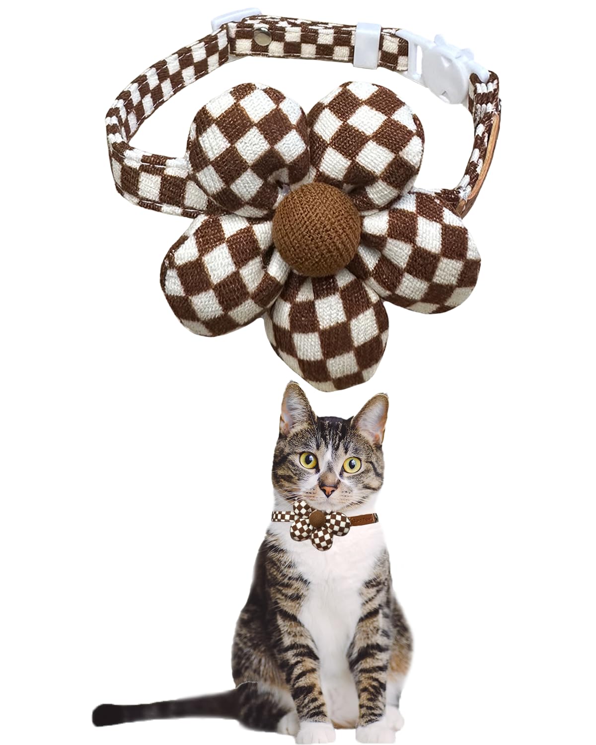 Goldtiger Stylish Black And White Checkered Cat Collar With Flower - Breakaway Safety Collar And Adjustable Size 7.09-12.6 Inche