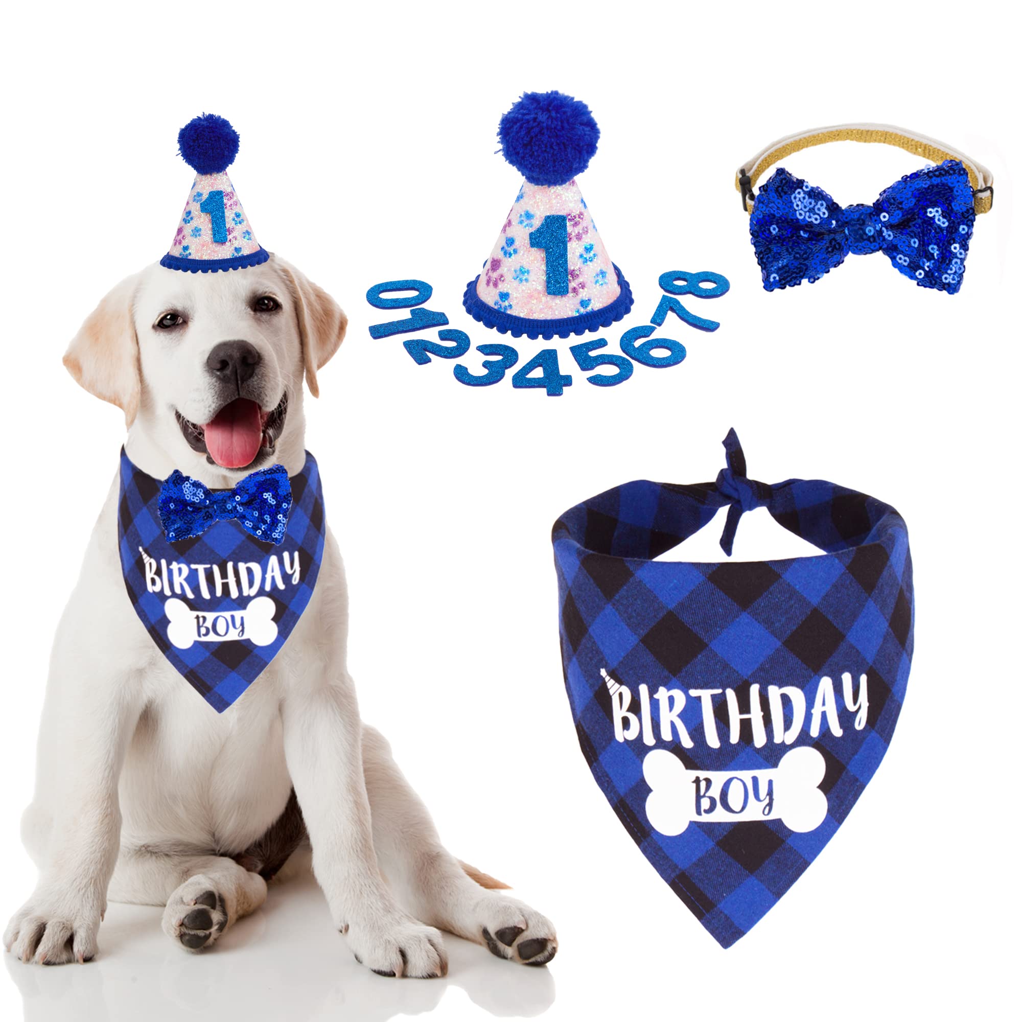 Adoggygo Dog Birthday Party Supplies, Pet Party Hat With Numbers, Bow, Blue Plaid Birthday Boy Bandana For Medium Large Dogs (La
