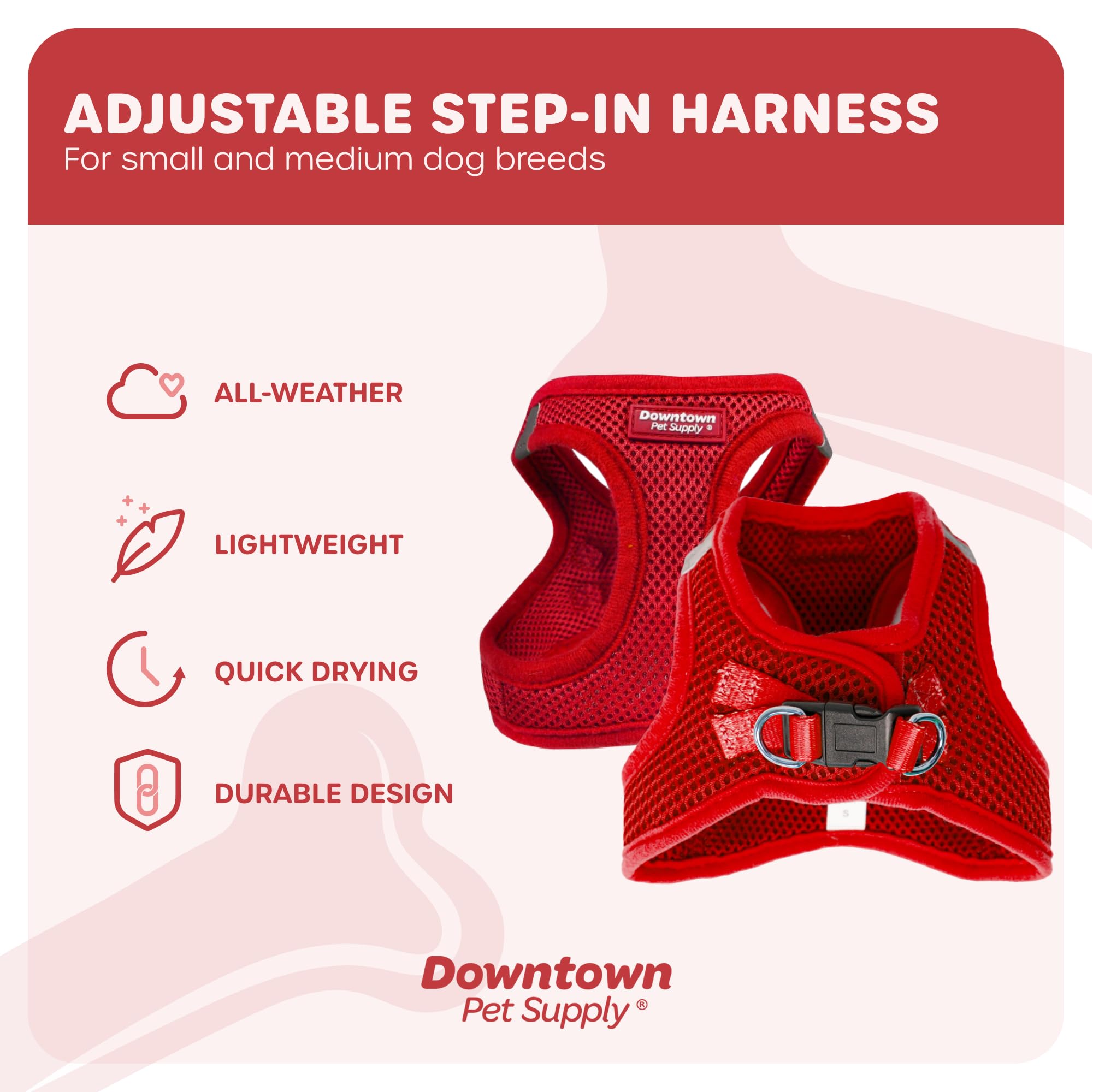 Downtown Pet Supply Step In Dog Harness For Small Dogs No Pull, Medium, Red - Adjustable Harness With Padded Mesh Fabric And Reflective Trim - Buckle Strap Harness For Dogs