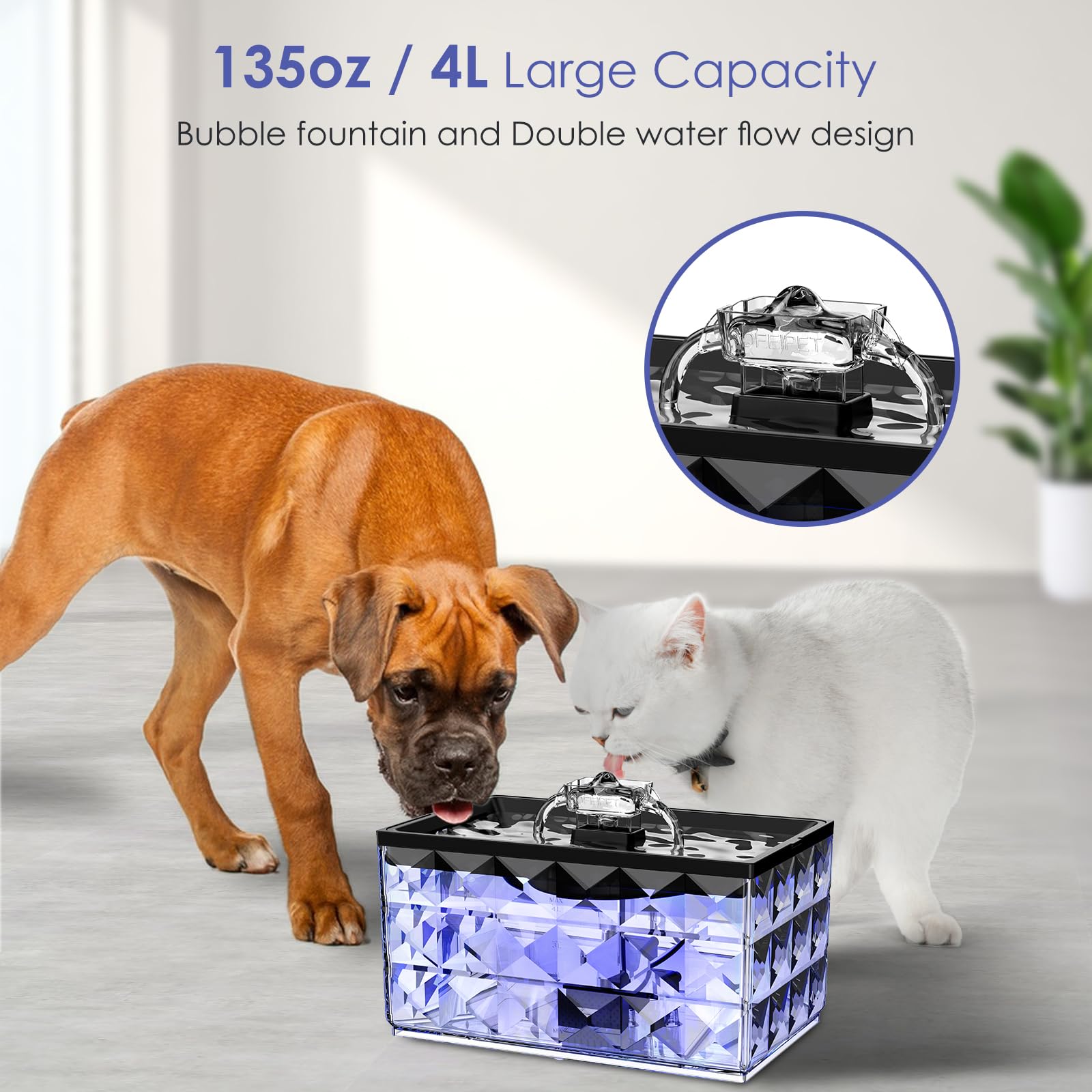 Deeipet Cat Water Fountain, 135Oz/4L Ultra Quiet Automatic Pet Water Fountain With Colorful Led Indicator For Water Shortage Ale