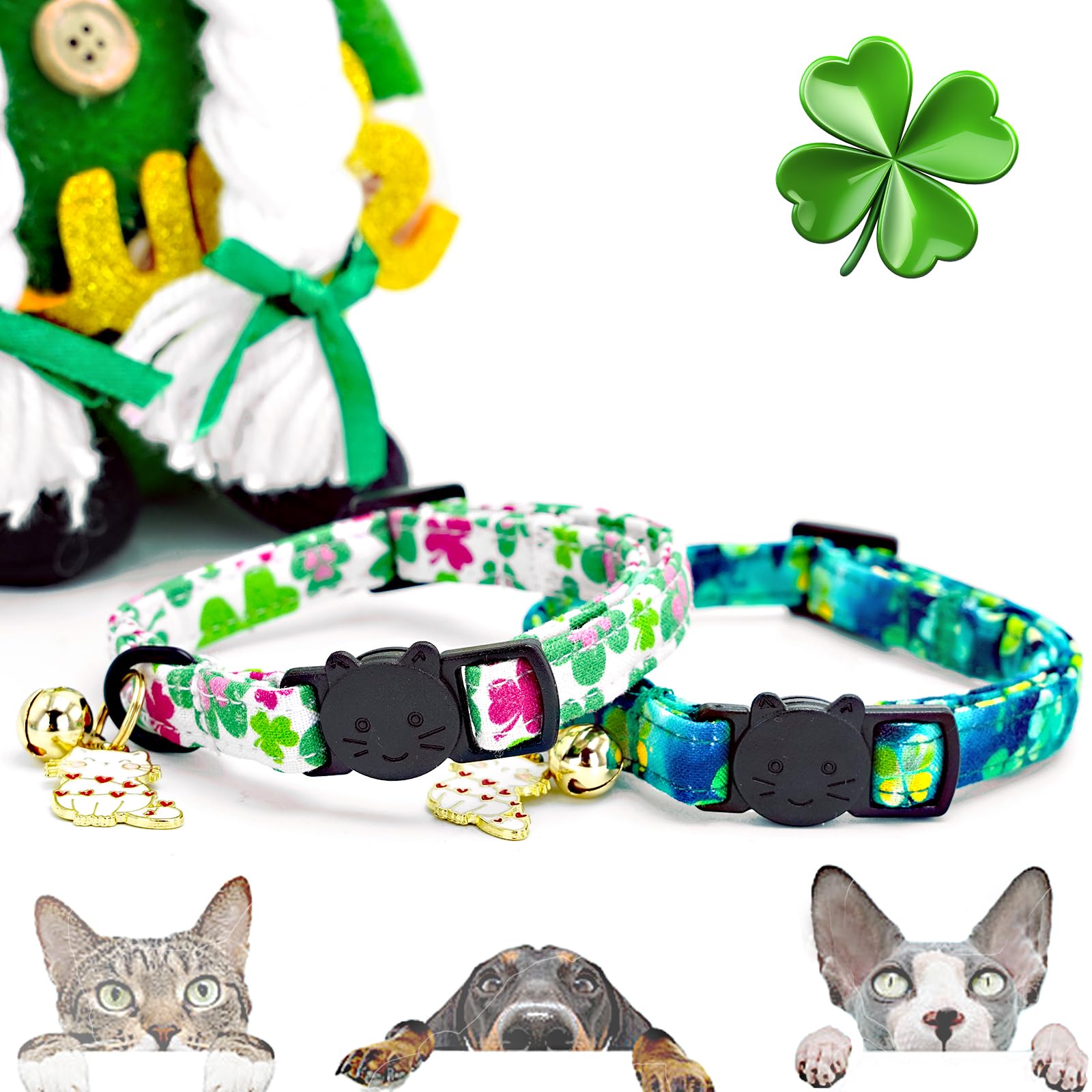 Elegant Little Tail St Patrick'S 2 Pack Cat Collar- Trefoil Print Cotton Breakaway Cat Collars With Bell Pendant Kitten For Boy