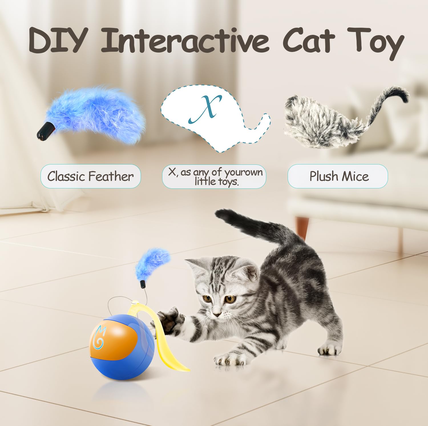 Migipaws Interactive Cat Ball Toy Set, Fun Tracker, Automatic Rolling Chase Ball With Fluffy Tail, A Small Mice, Rechargeable (B