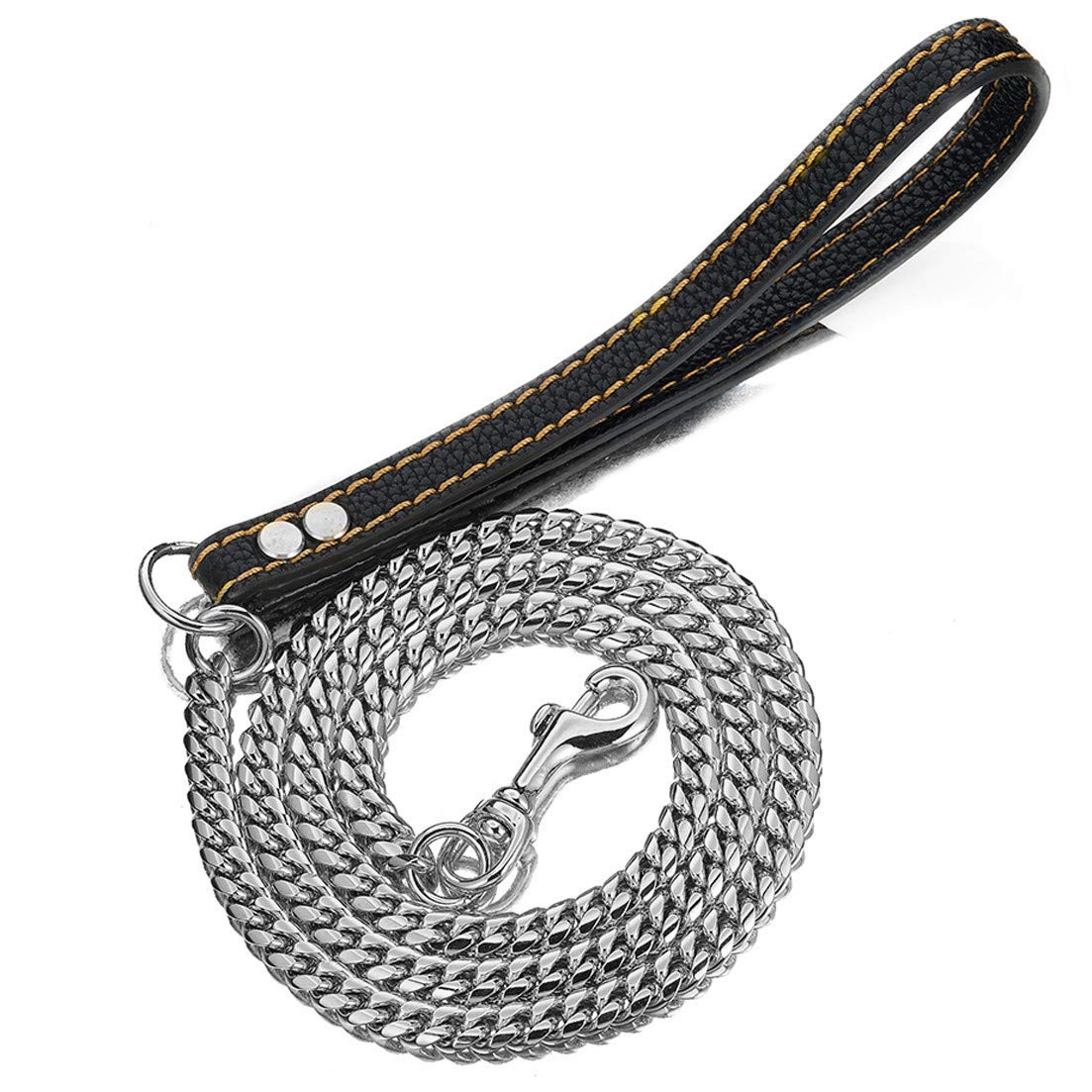 Aiyidi Heavy Duty Stainless Steel Dog Chain Leash, 3Ft/4Ft/5Ft Cuban Link Metal Dog Leashes, For Large Medium Small Dogs, With Genuine Leather Handle (Silver, 4Ft)