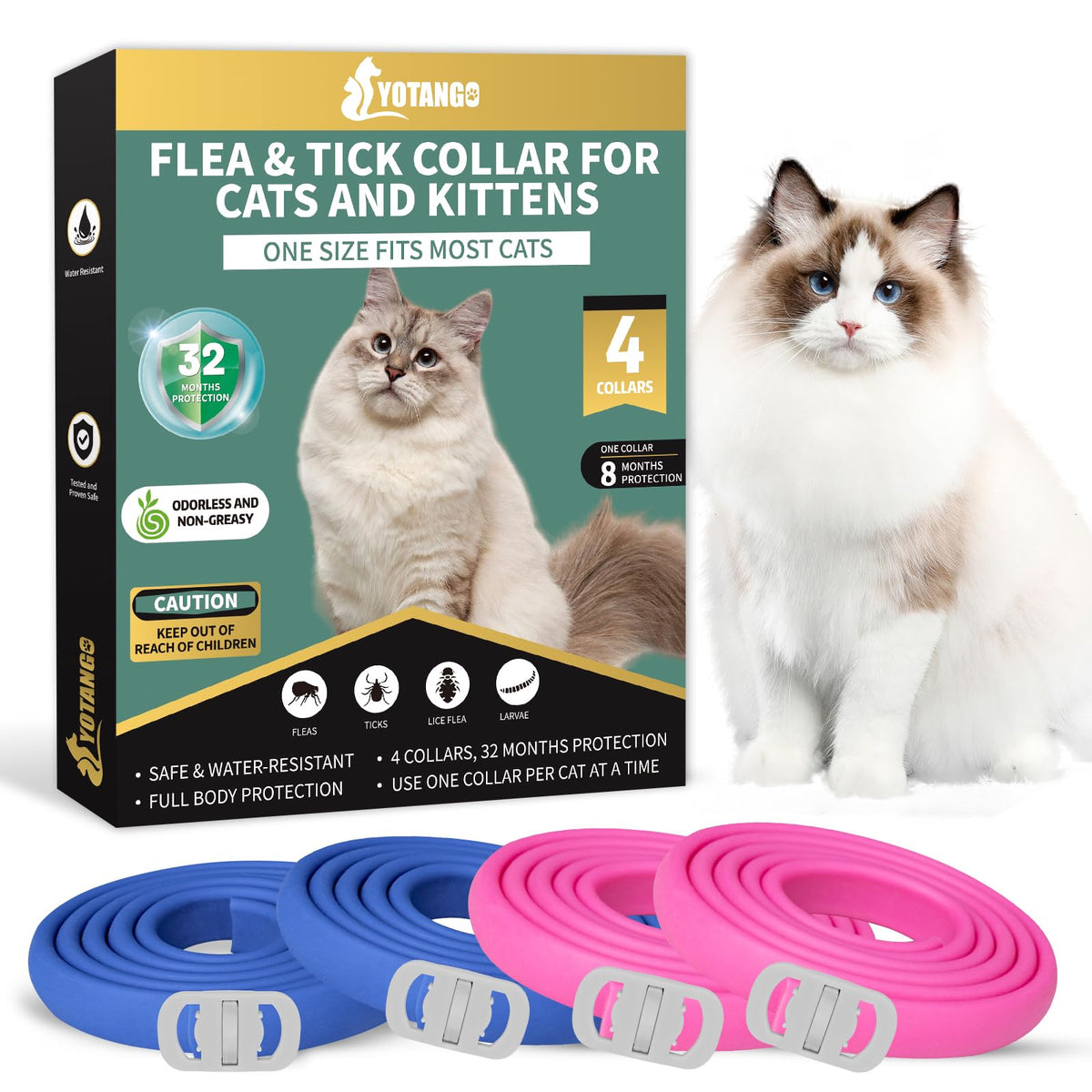 4 Pack Flea Collar For Cats, 32 Months Flea And Tick Prevention For Cats, Waterproof Cat Flea Collar, Natural Cat Flea And Tick 