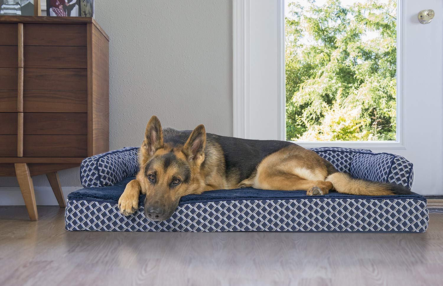 Furhaven Orthopedic Dog Bed for Large Dogs w/ Removable Bolsters & Washable Cover, For Dogs Up to 95 lbs - Plush & Woven Decor C
