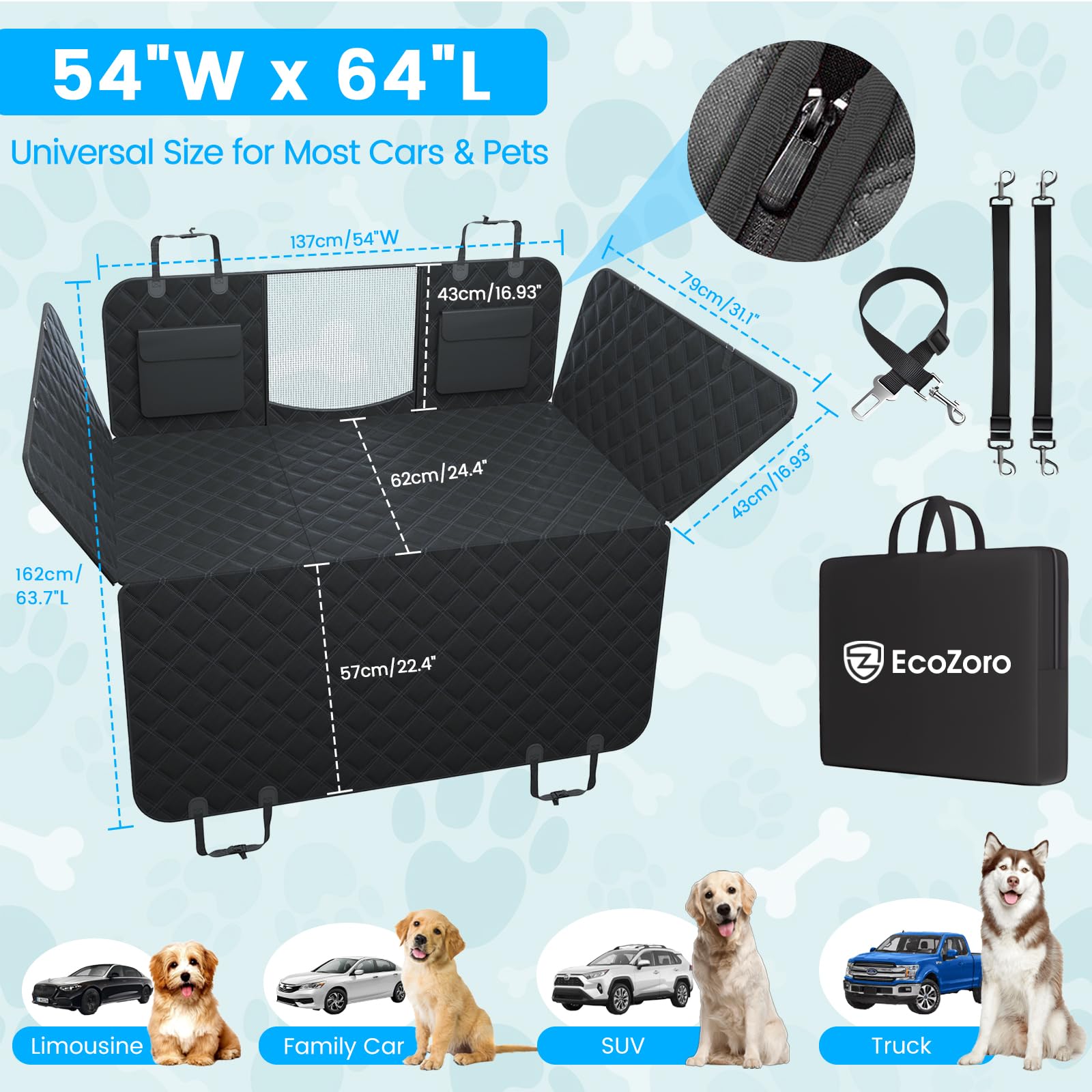 Ecozoro Dog Car Seat Cover For Back Seat, Waterproof Back Seat Extender Hard Bottom Holds 400Lbs, Sturdy Dog Hammock For Car Pet