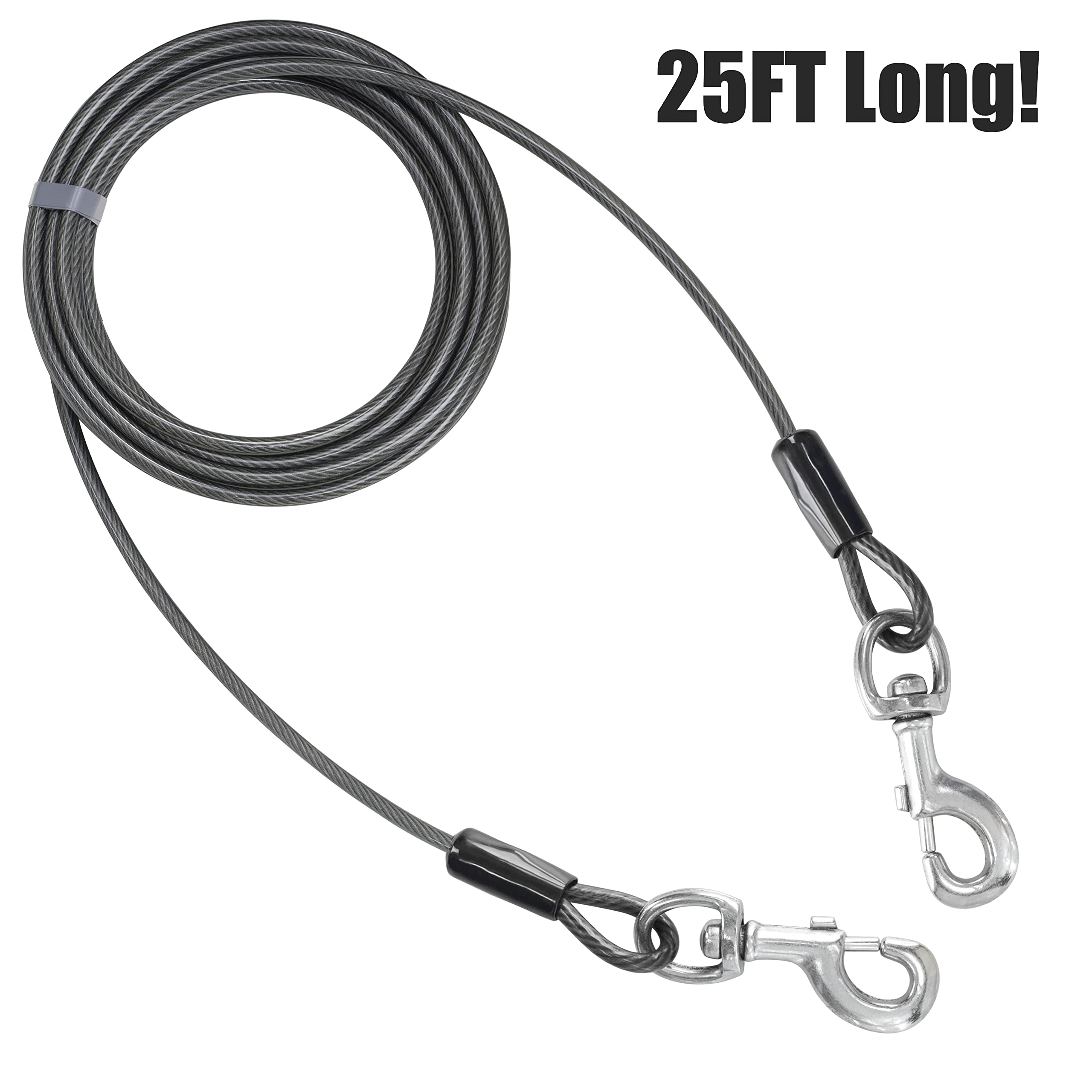 Bv Dog Tie Out Cable 25 Feet - Heavy Duty Dog Lead Up To 250 Pounds - Reflective & Rust-Free With Quick Release Swivel Clips & 3
