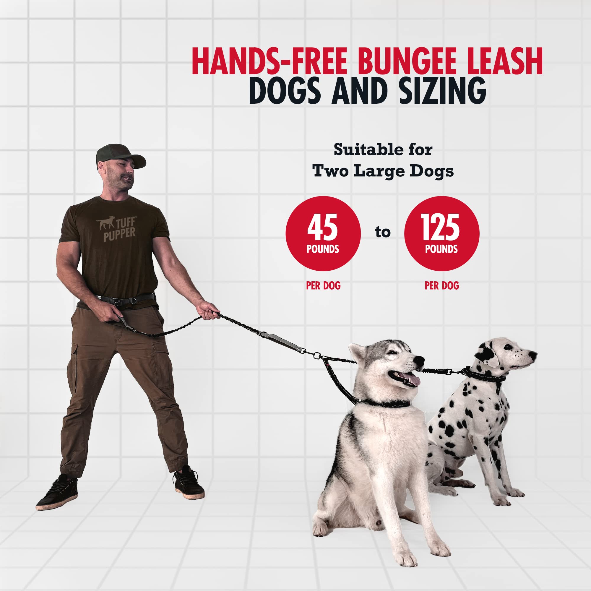 Tuff Pupper Heavy Duty Hands Free Bungee Dog Leash | Two Large Dogs Up To 250 Lbs | Comfortable Shock Absorbing Bungee | Reflect