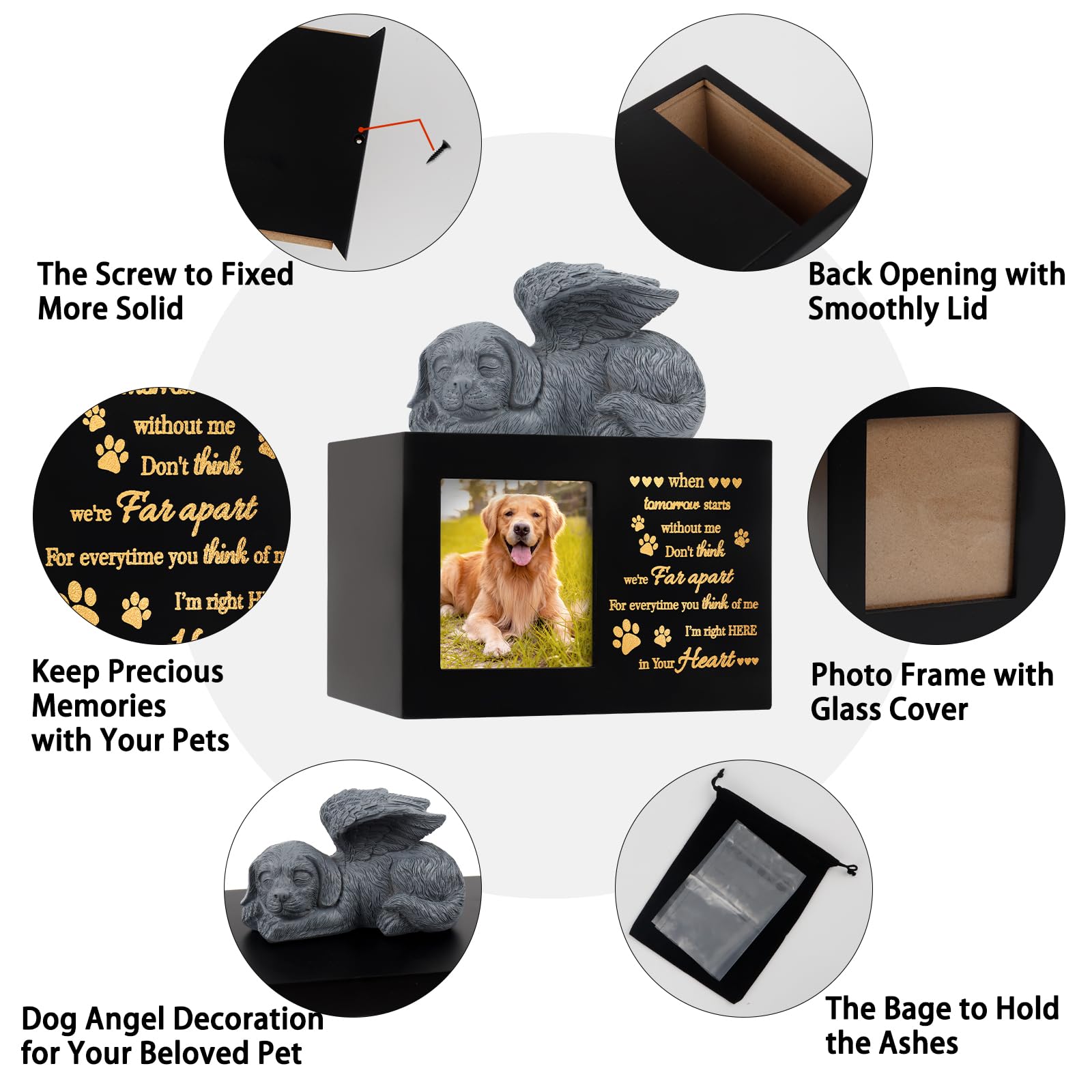 Lpreutwn Pet Urns For Ashes, Large Wooden Pet Urns For Dog Or Cat Ashes With Dog Angel, Memorial Keepsake Memory Box With Photo