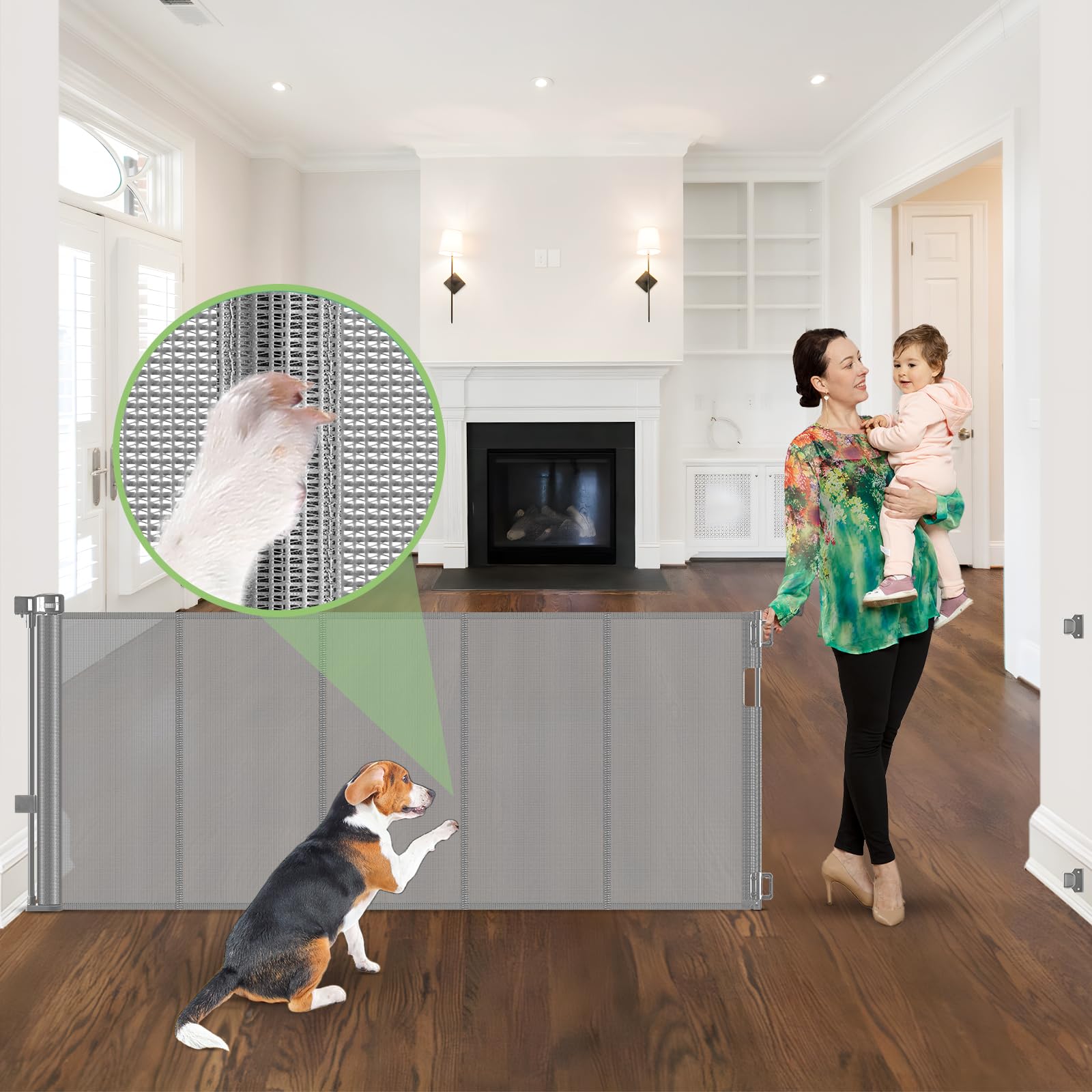96 Inch Wide Reinforced Retractable Dog Gate with Support Rods - Prevent Crawling Under, Extra Long Retractable Baby Gate Large 