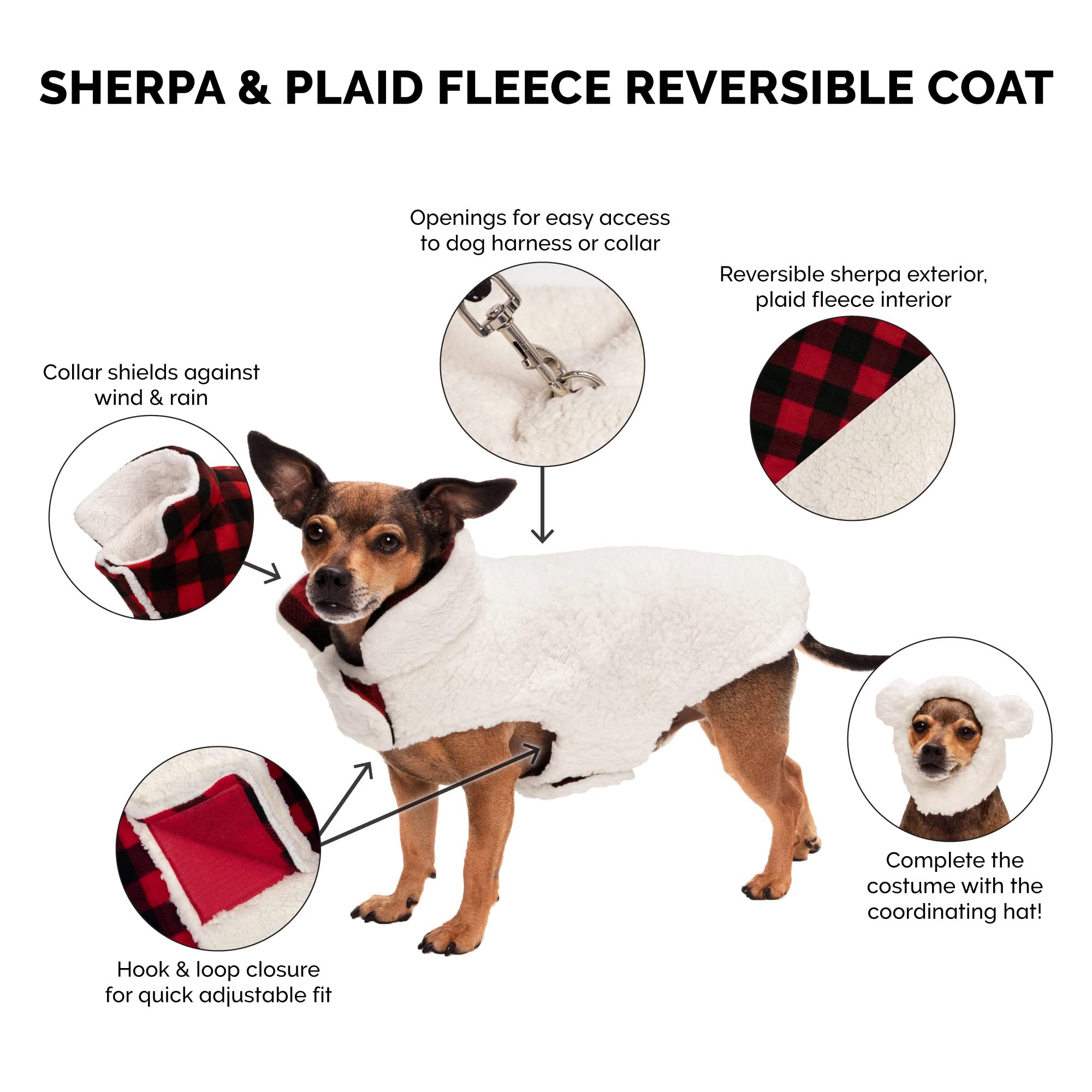 Furhaven Reversible Large Dog Coat, Washable & Insulating W/ Leash Access - Sherpa & Plaid Fleece Flex-Fit Jacket - Cream/Red, Large