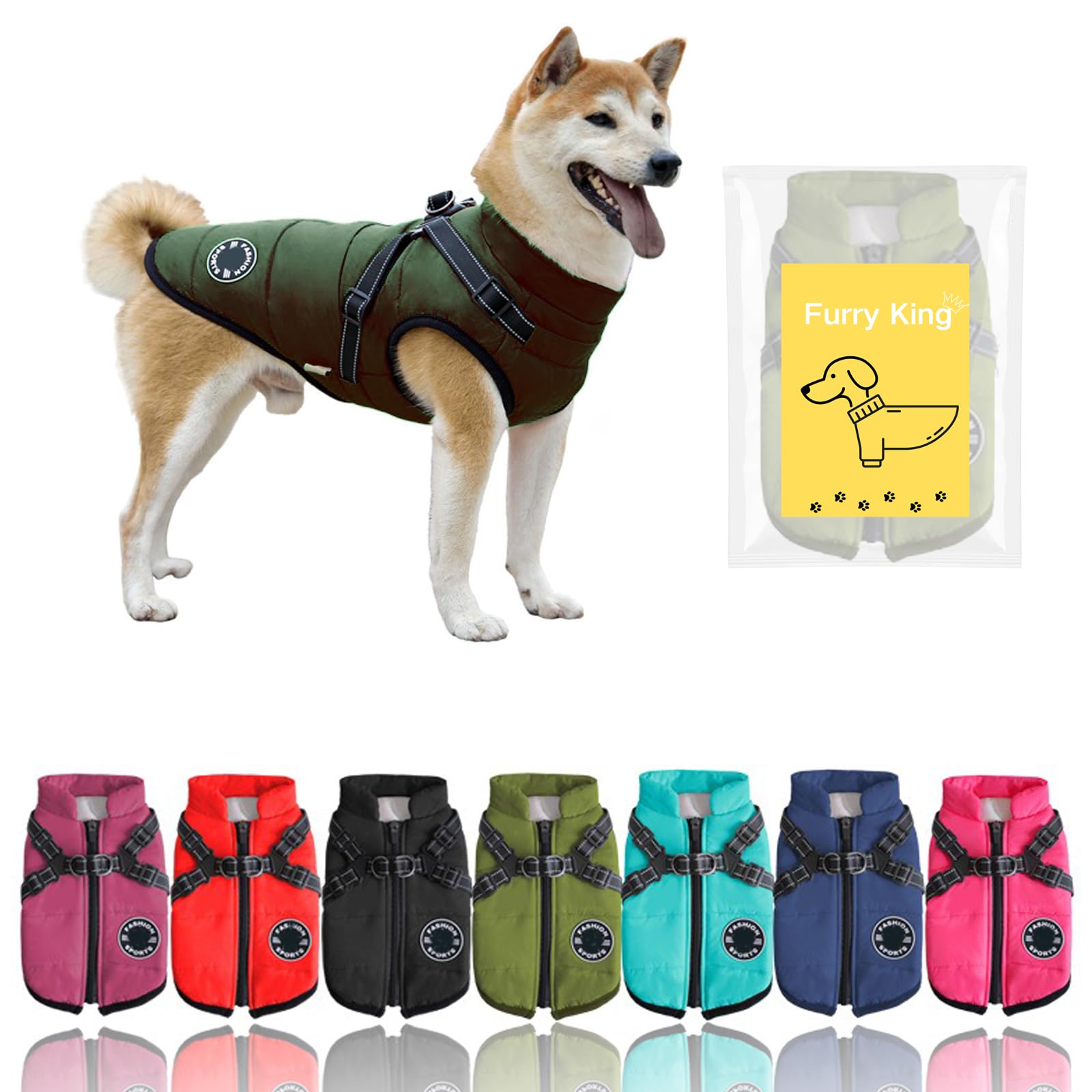 Furry King Dog Winter Coat With Harness, 7 Colors, Waterproof, Fleece Lined. (Green, 4Xl)