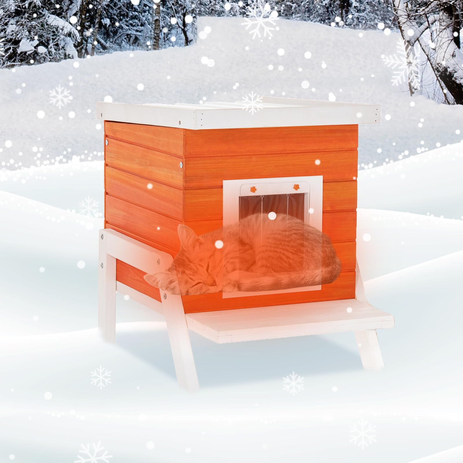 Petsfit Cat House Outdoor, Insulated High Feet + Feeding Station +Door Curtain, Wood Outside Cat House, Bunny Rabbit Hutch Orange