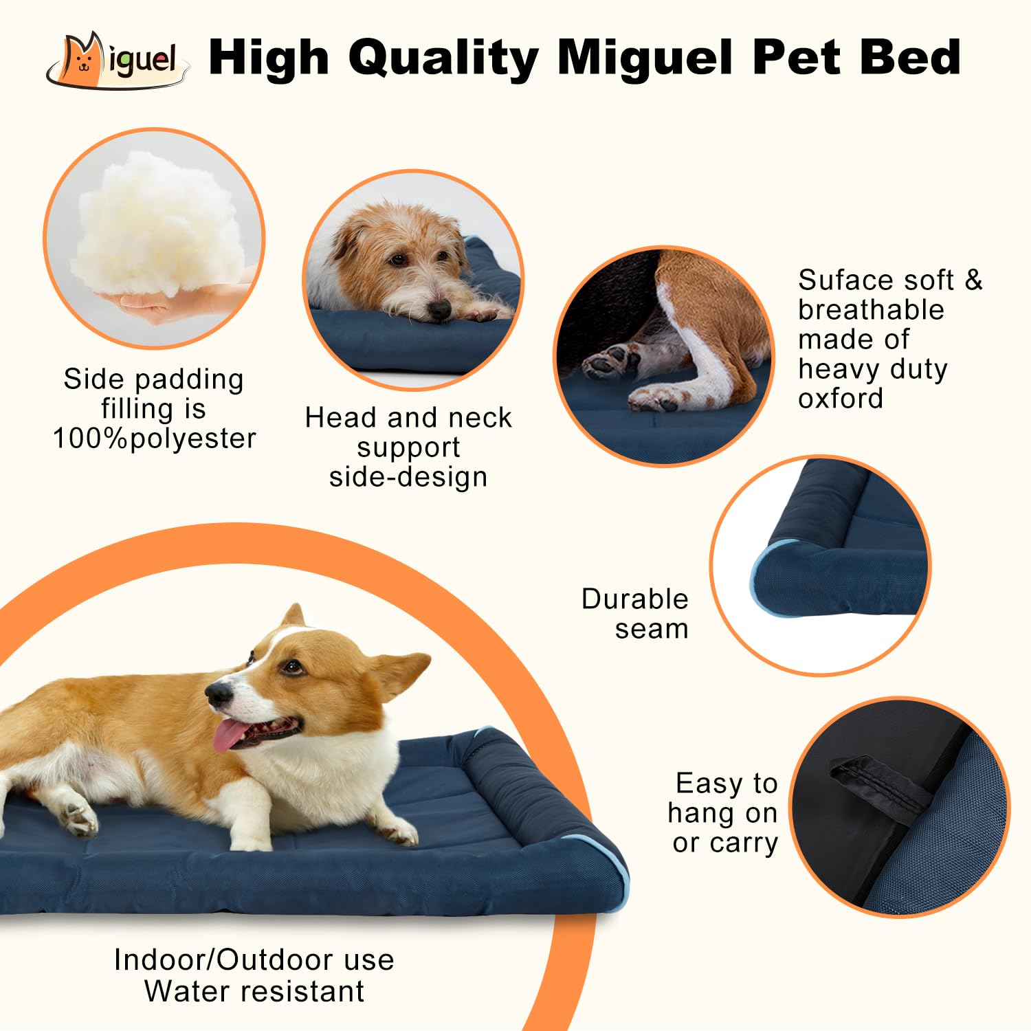 Miguel Outdoor Waterproof Dog Bed For Metal Dog Crates Water-Resistant Oxford All Weather Pet Mat Heavy Duty Durable Easy Clean Travel Indoor Outdoor Puppy Cat Bed(36Inch Dog Bed Dog Crate,Blue)