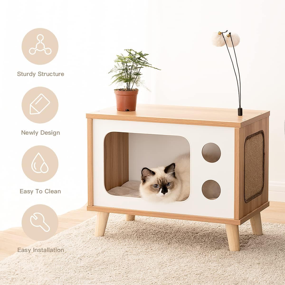 Cat House Wooden Condo Cat Bed Indoor Tv-Shaped Sturdy Large Luxury Cat Shelter Furniture With Cushion Cat Scratcher Bell Ball T