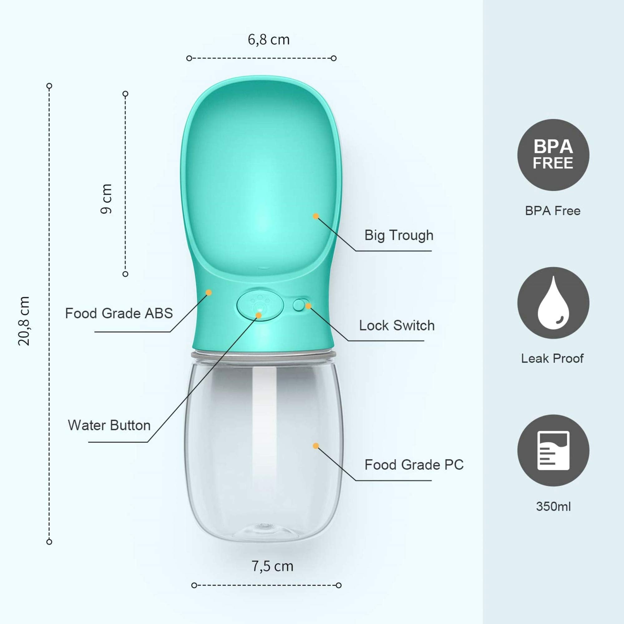 Deyace Dog Water Bottle, Leak Proof Portable Pet Water Bottles For Dogs, Puppy Water Dispenser With Drinking Feeder For Travel (Teal 12Oz)