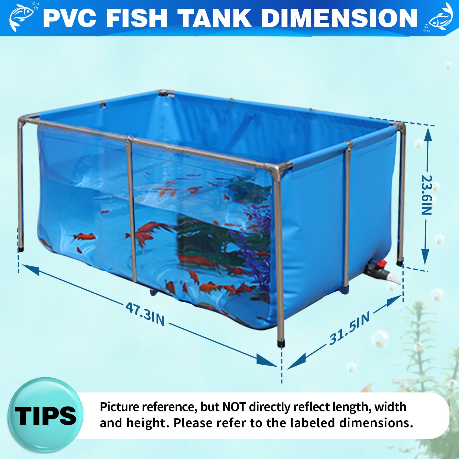 Pvc Koi Aquarium Tank, Temporary Fish Tank With Clear Viewing Panel, Koi/Goldfish Pond With 304Ss Frame & Drain Valve(47.3' L*3