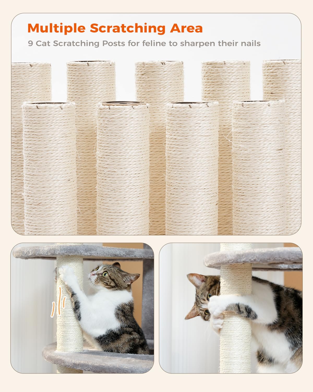 PETEPELA 61  Cat Tree for Indoor Cats, [6-Levels] Cat Climbing Tower with 9 Sisal Scratching Posts and Replaceable Dangling Ball