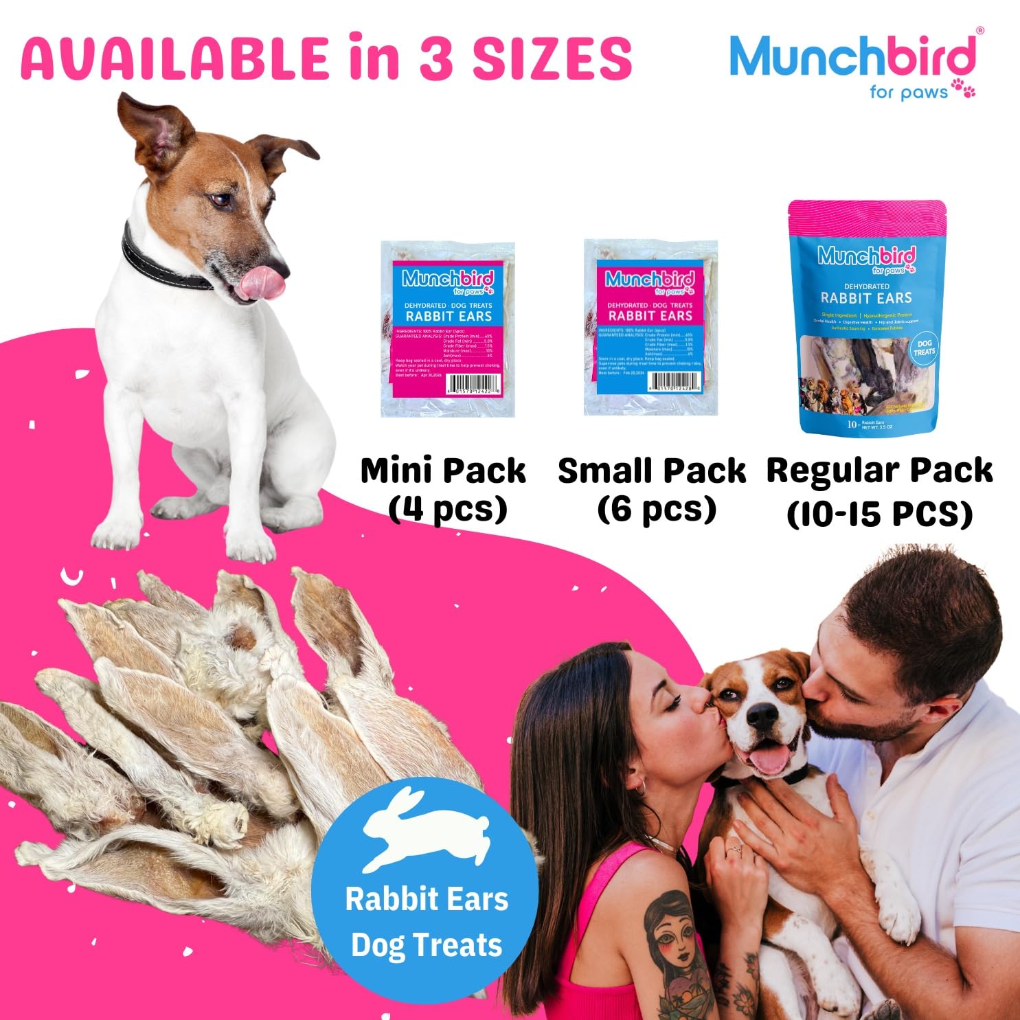 Munchbird Dehydrated Rabbit Ears 100g (3.5 oz) 12-15 pcs for Dogs, European Furry Rabbit Ear Natural Fiber for Pets, Rawhide Fre