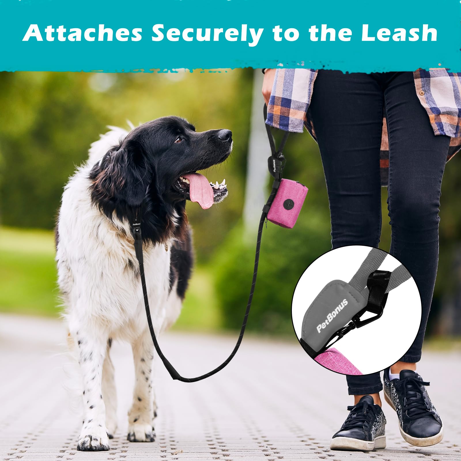 PetBonus Dog Poop Bag Holder, Portable Pet Waste Bag Dispenser, 2 Pouches for Treats and Walking Accessories, Fit All Leashes, I