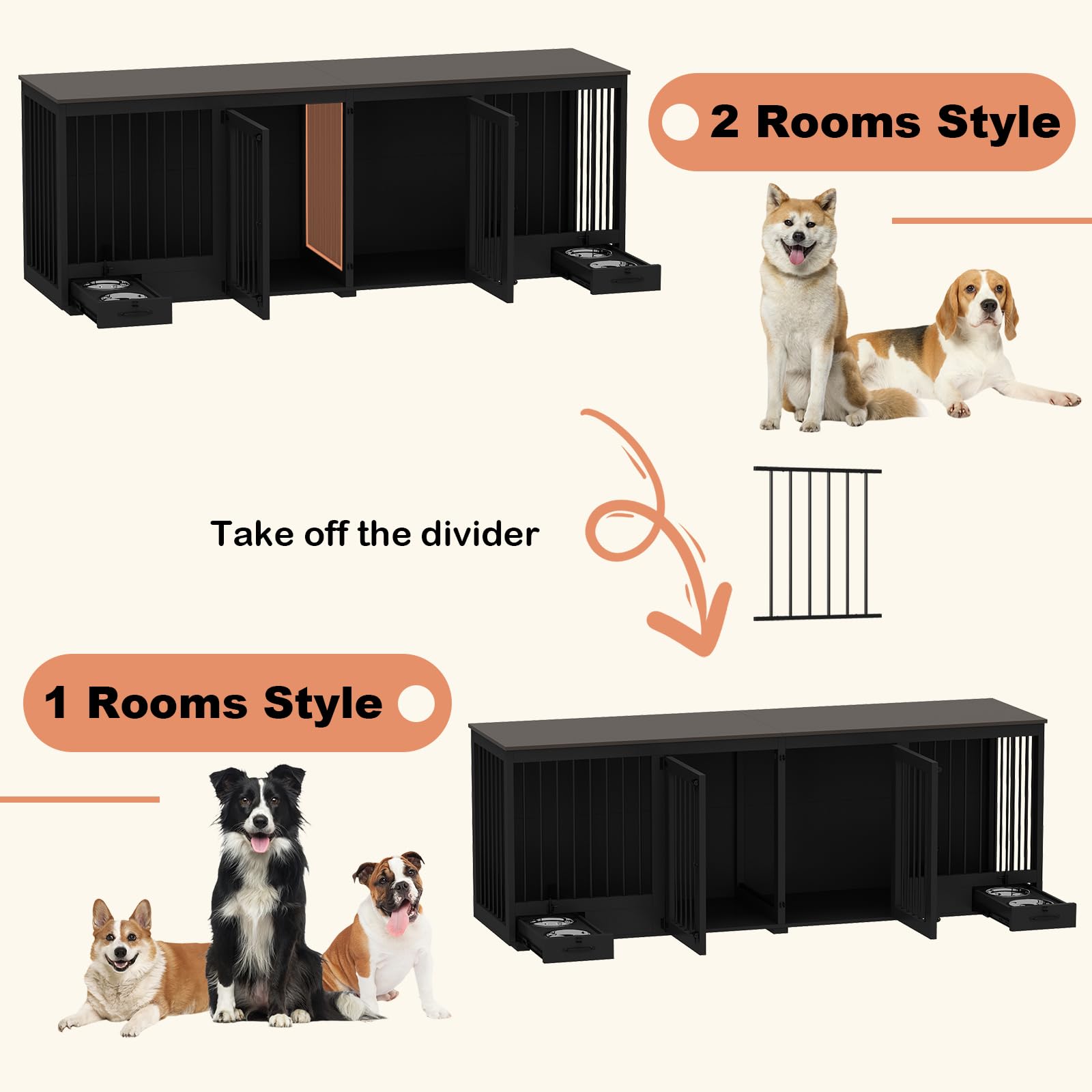 DAWNSPACES Furniture Style Large Dog Crate for 2 Dogs, 86.6  Heavy Duty Wooden Dog Kennel with Dog Bowl Drawers & Divider, Indoo
