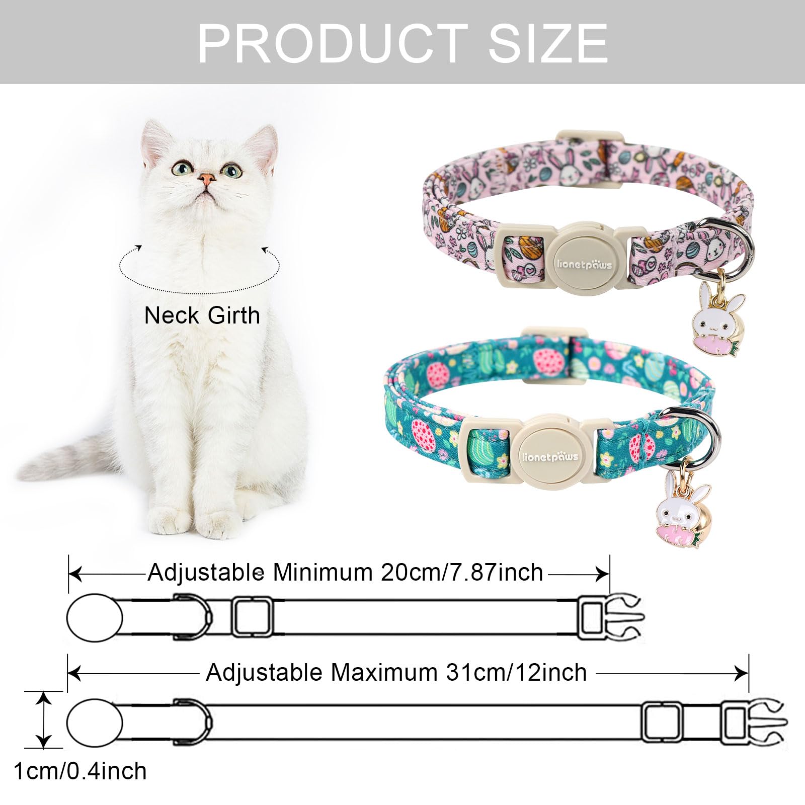 Lionet Paws 2Pcs Pack Easter Cotton Cat Collar,Breakaway Buckle With Rabbit And Floral Eggs Cute Adjustable Green Cat Kitten Col
