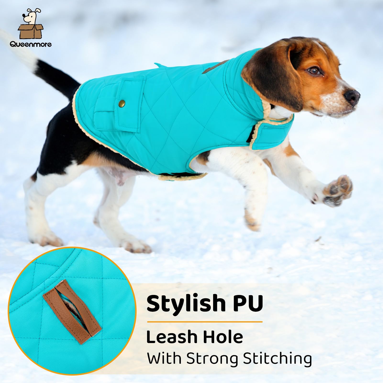 Queenmore Warm Puffer Dog Coat, Quilting Winter Jacket Ultra Thick Plush Fleece Lining Pet Clothes For Dogs With Storage Pockets