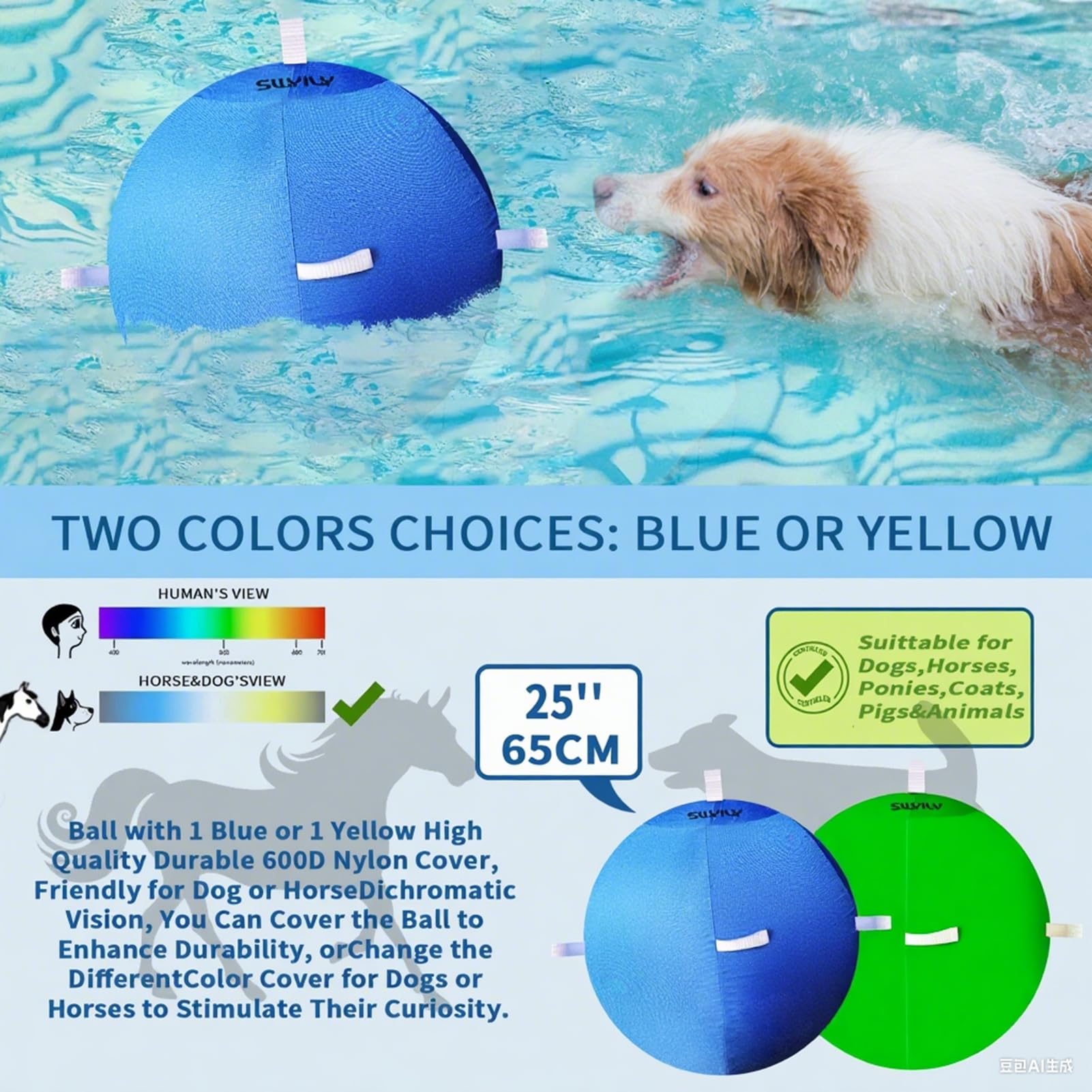 SWYIVY 25 Herding Ball for Dogs Blue Heelers with 2 Chew Straps Covers - Extra Large Giant Horse Ball for Large Breeds Play