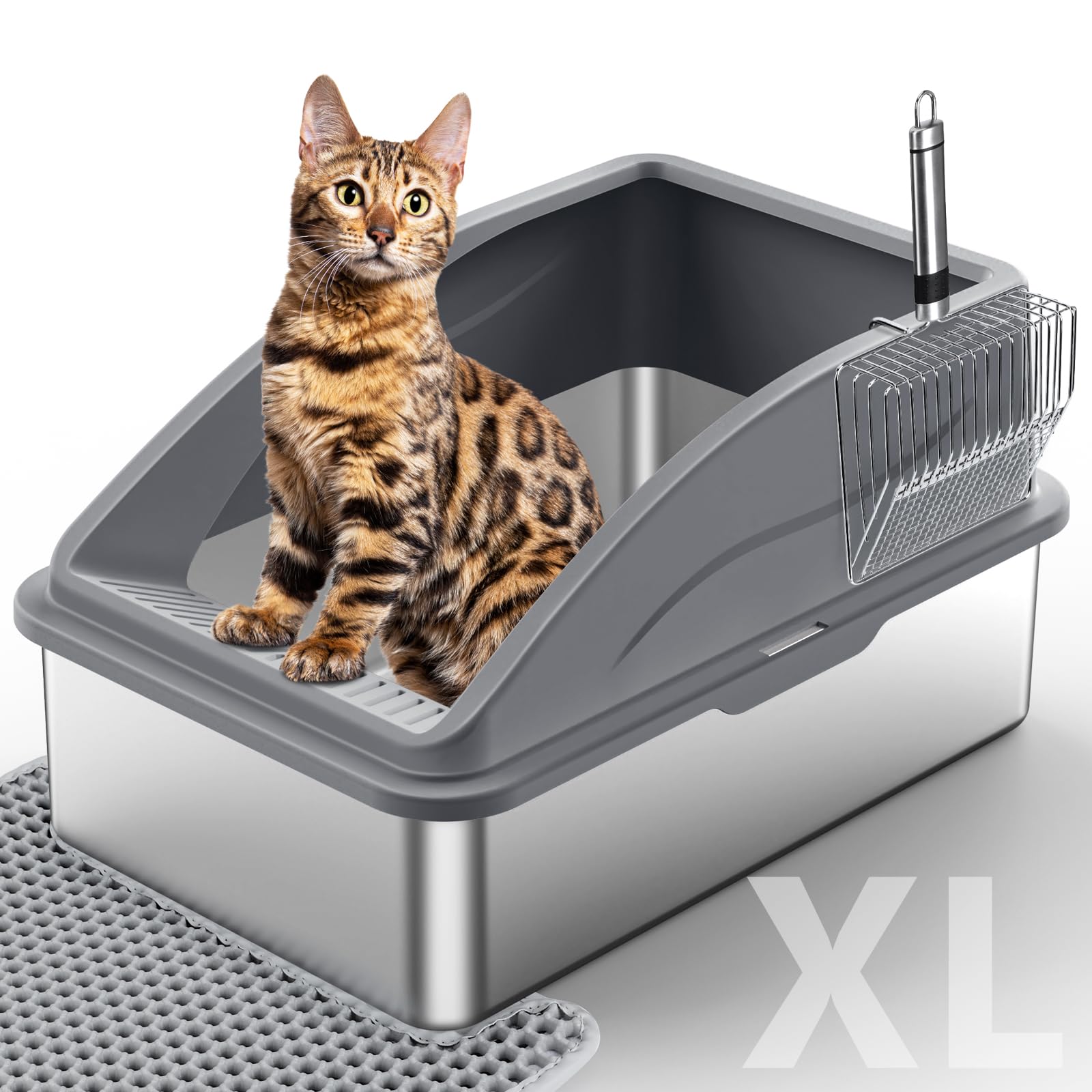 Stainless Steel Litter Box, Extra Large Litter Boxes for Big Cats, XL Metal Cat Litter Box with Lid, Anti-Urine Leakage, Non-Sti