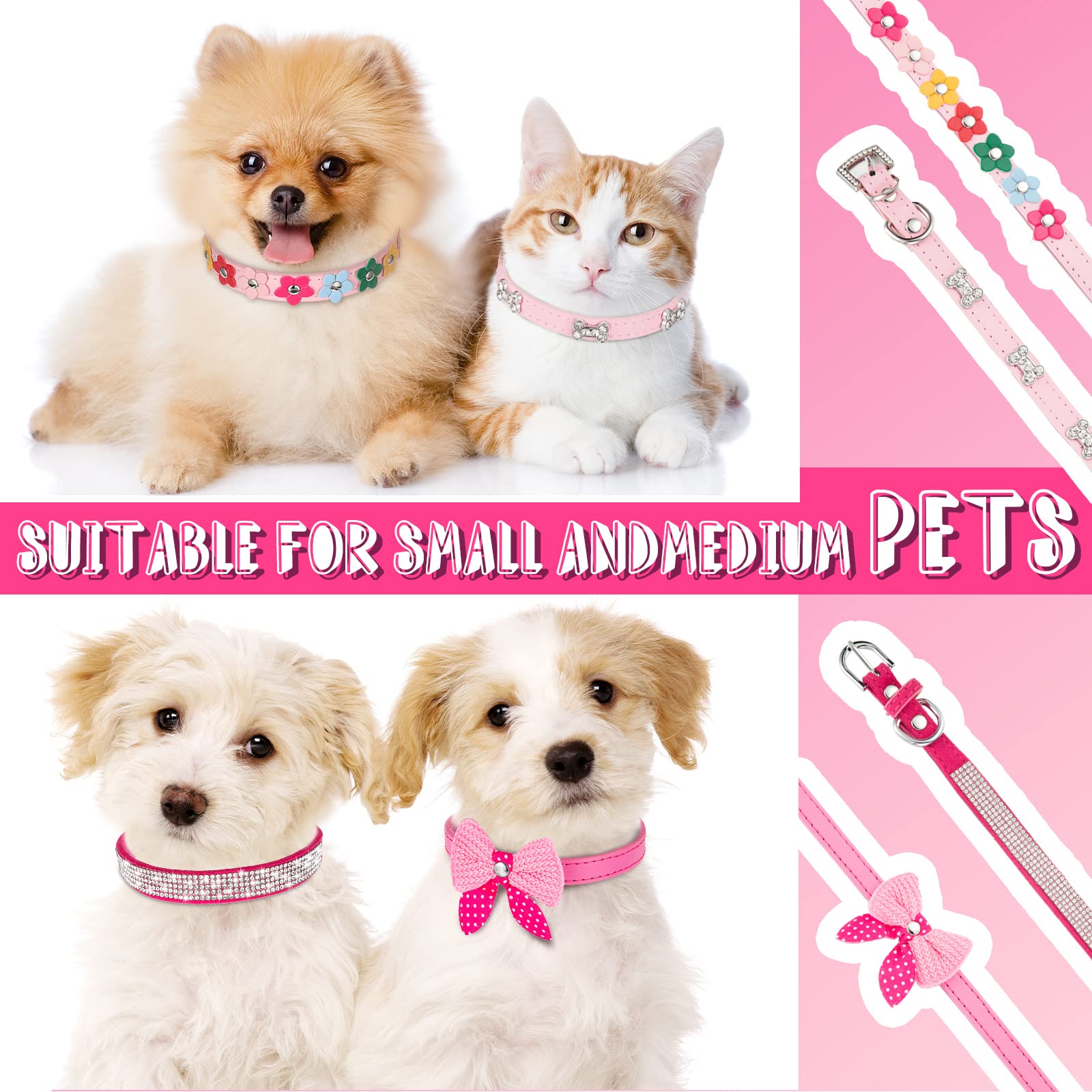 4 Pcs Pink Dog Collar Spiked Studded Dog Collars Pearls Dog Necklace Dog Collar With Rhinestone Bow Knot Crystal Diamond Colorful Flower Bling Girl Dog Cat Collars For Dogs(Novel Style,Medium)