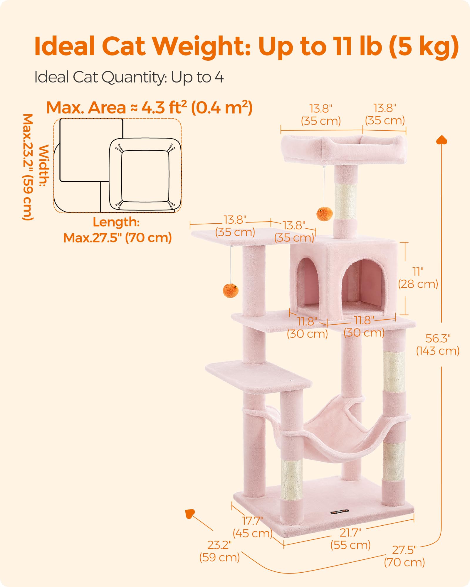 Feandrea Cat Tree, 56.3-Inch Cat Tower For Indoor Cats, Multi-Level Cat Condo With 4 Scratching Posts, 2 Perches, Hammock, Cave, Jelly Pink Upct161P01