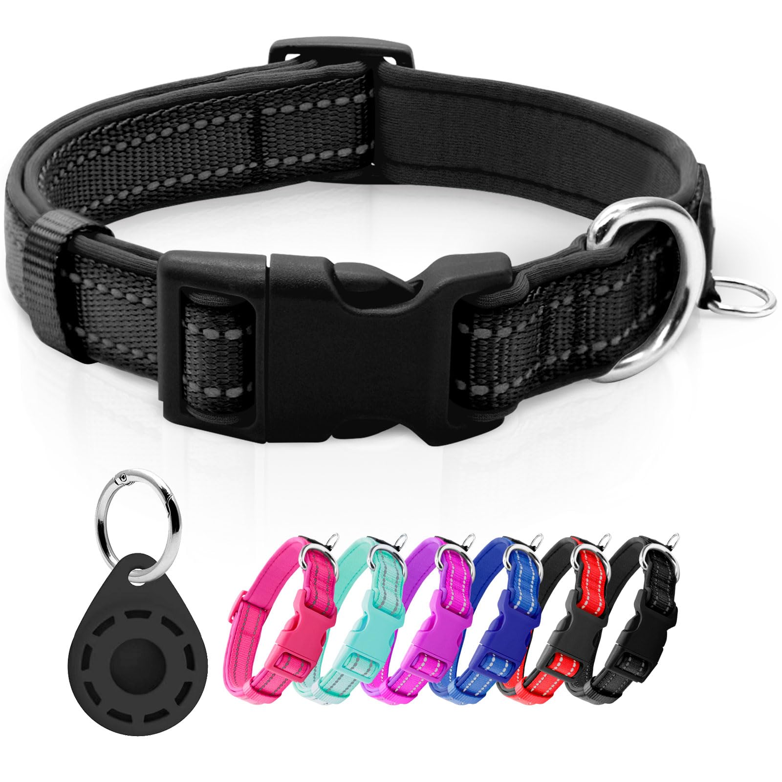 Azuza Reflective Dog Collar With Airtag Holder, Soft Neoprene Padded Pet Collar With Id Tag Ring, Adjustable For Medium Dogs,Bla