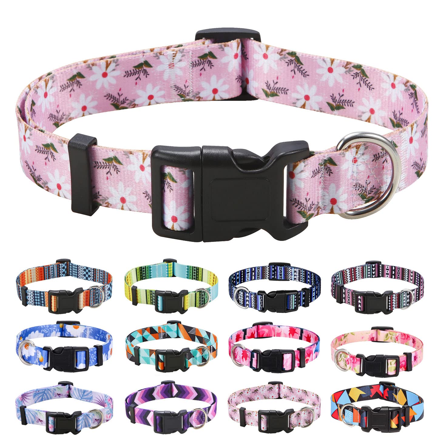 Mihqy Dog Collar With Bohemia Floral Tribal Geometric Patterns - Soft Ethnic Style Collar Adjustable For Small Medium Large Dogs (Pink White Flower,S)