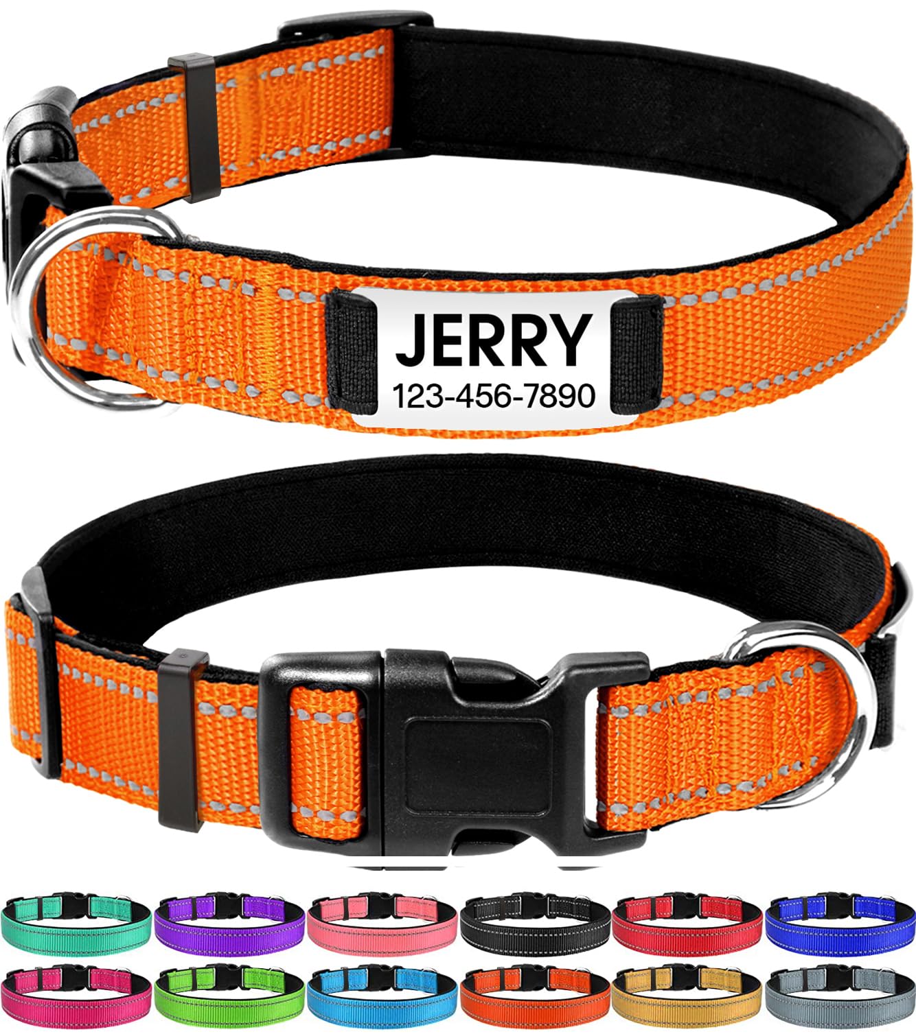 Joytale Personalized Dog Collars, Reflective Nylon Dog Collar With Engraved Name Plate, Customized For Medium Dogs, Orange, M
