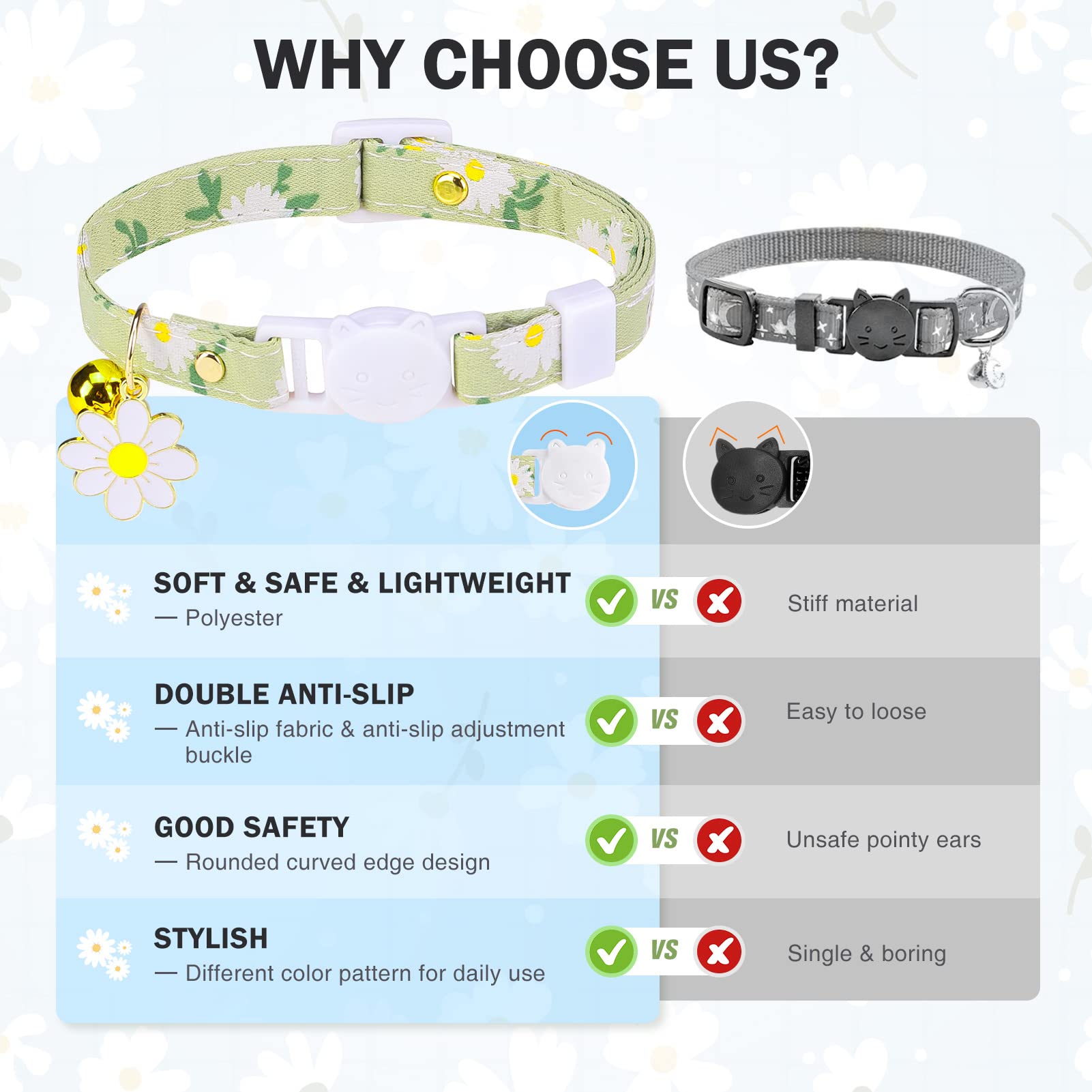 Dillybud 3 Pack Breakaway Cat Collars With Bell- Daisy Pendant Spring Cat Collar For Girl Boy Cats With Safety Buckle- Cute Kitt